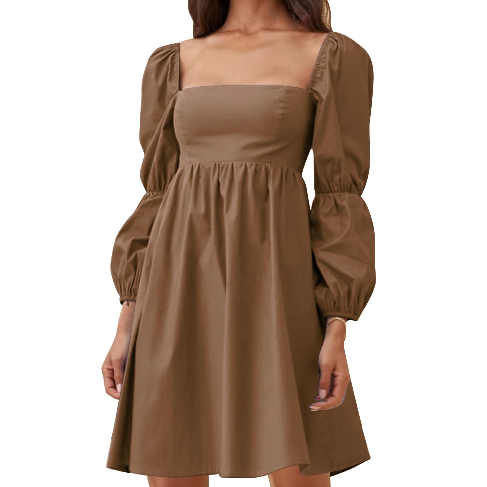 EXLURA Women's 2025 Square Neck Long Puff Sleeve A-Line Mini Dress - Casual Short Summer Dress for Brunch, Date Night & Vacation
