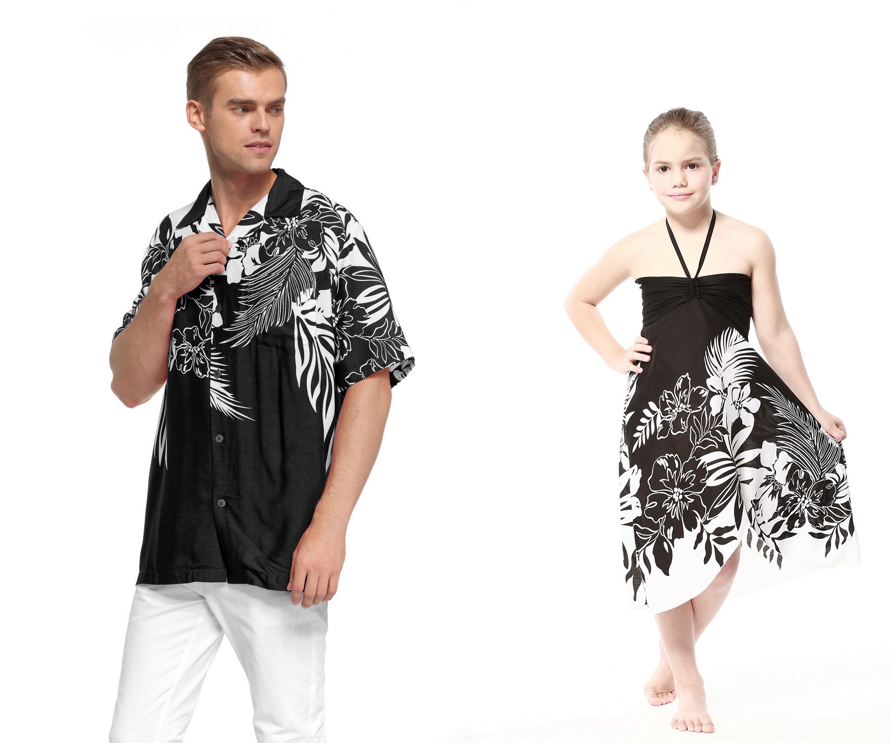 Father Daughter Matching Hawaiian Luau Cruise Outfits - Floral Hibiscus Print Shirt & Dress Set in Blue | Perfect for Family Vacations, Beach Parties, and Tropical Themed Events