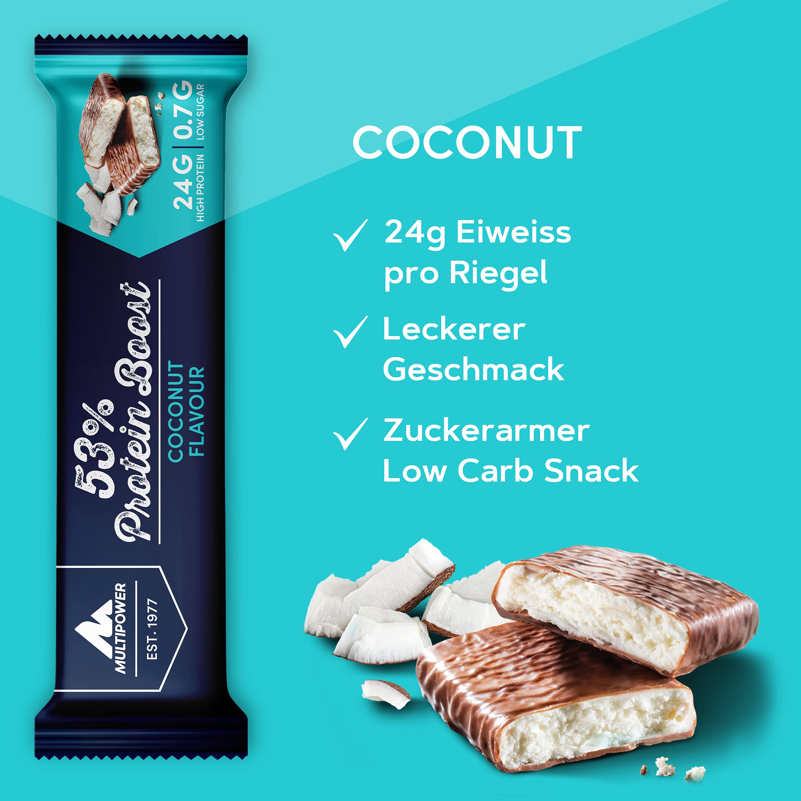 Multipower 53% Protein Boost Bar - 20 Pack Coconut Flavor High Protein Snack - 24g Protein & 1.4g Sugar Per Bar - Perfect for Post-Workout Recovery & Healthy On-the-Go Nutrition
