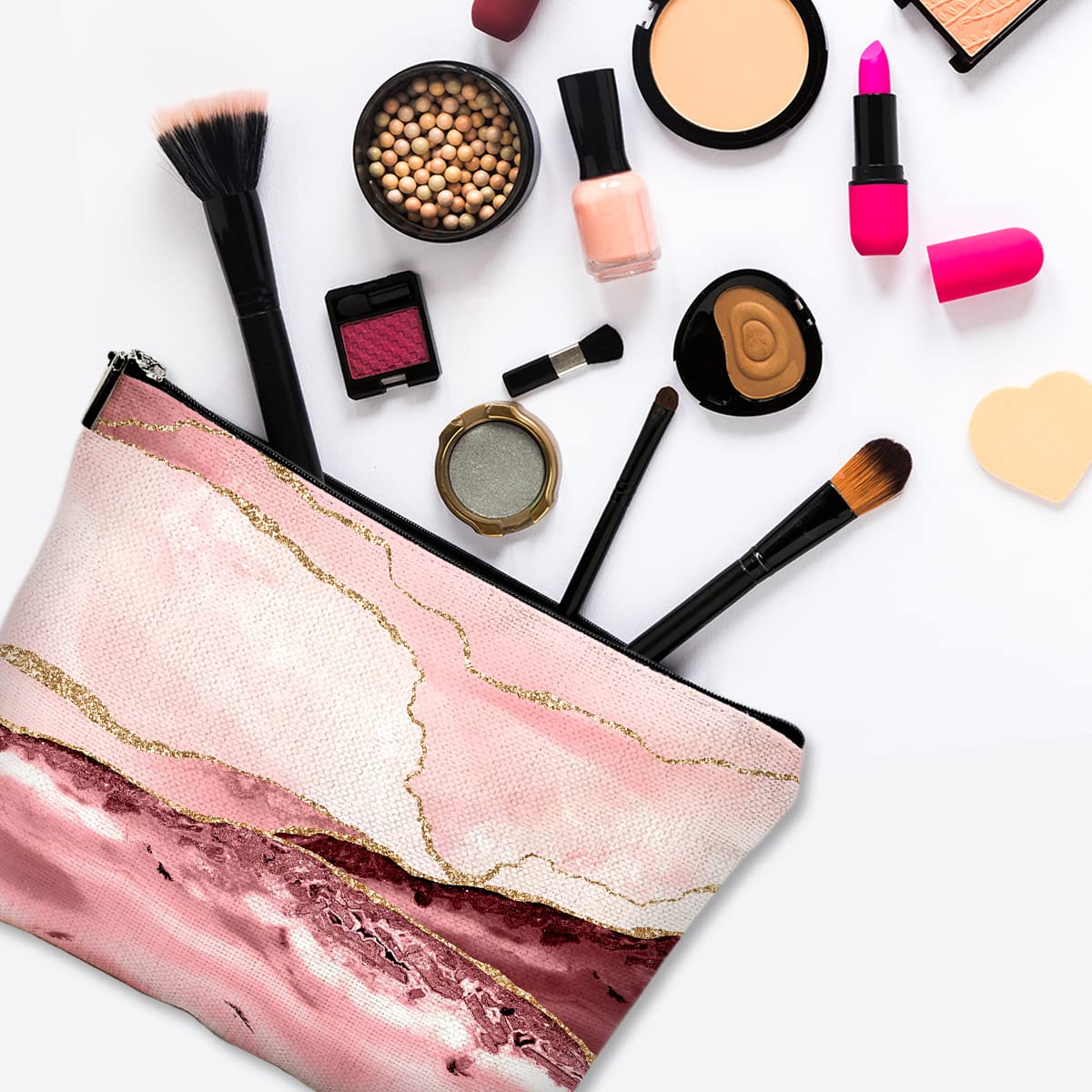 Cute Waterproof Canvas Makeup Bag for Women - Pink Marble Cosmetic Pouch with Zipper for Travel, Purse & Toiletry | Perfect for Daily Use, Gym, Vacation & Gift Giving