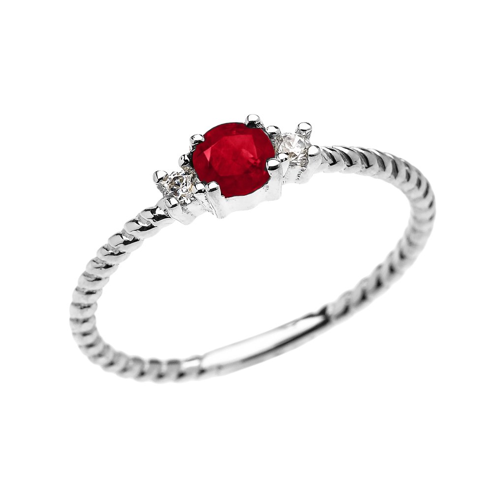 14K White Gold Dainty Solitaire Ruby & White Topaz Rope Design Stackable Ring for Women - Elegant Proposal, Engagement, Anniversary & Wedding Jewelry Gift