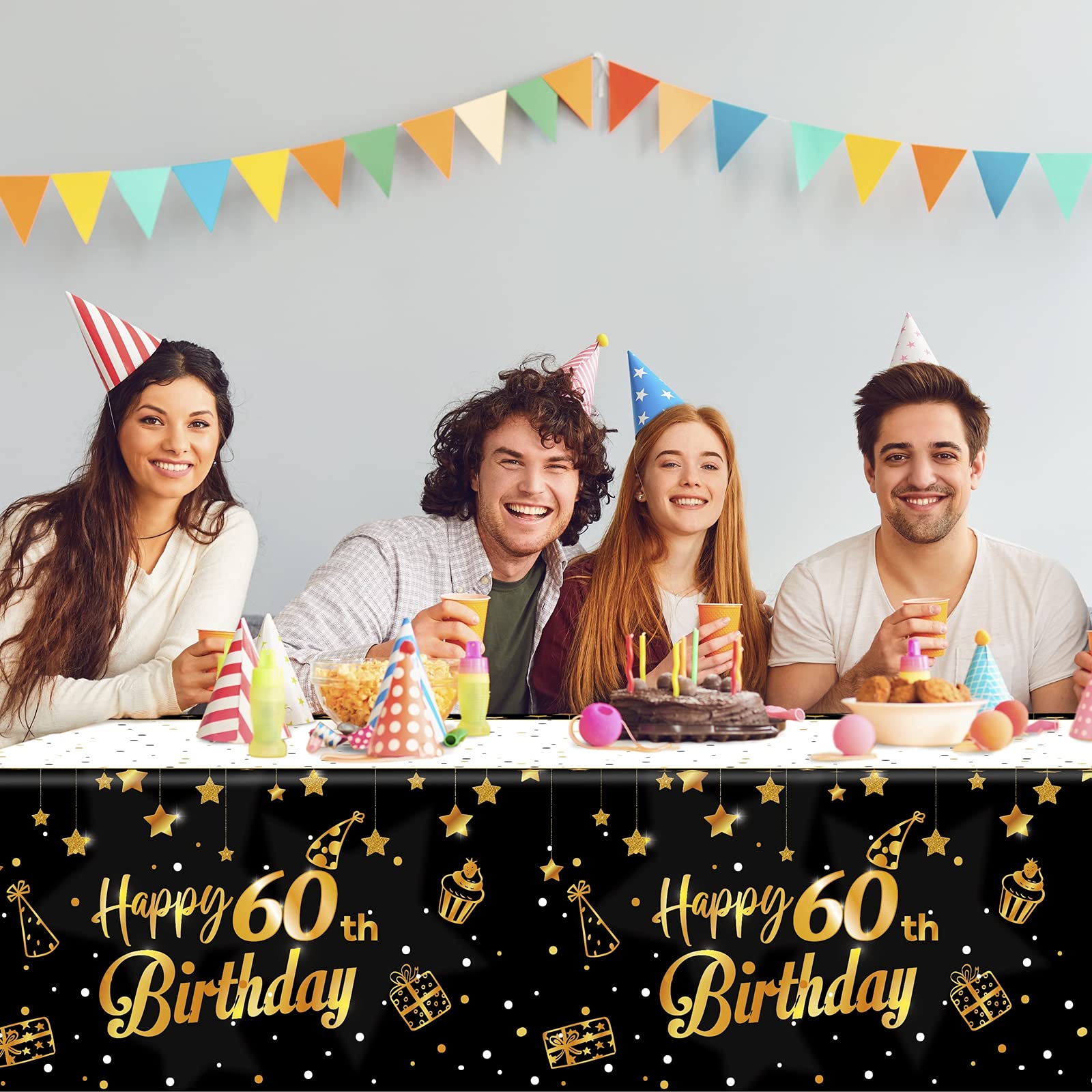 Ruisita 2 Pack Black Gold 60th Birthday Tablecloth - Elegant Rectangular Party Table Cover for Indoor & Outdoor Celebrations, Anniversaries, and Special Events