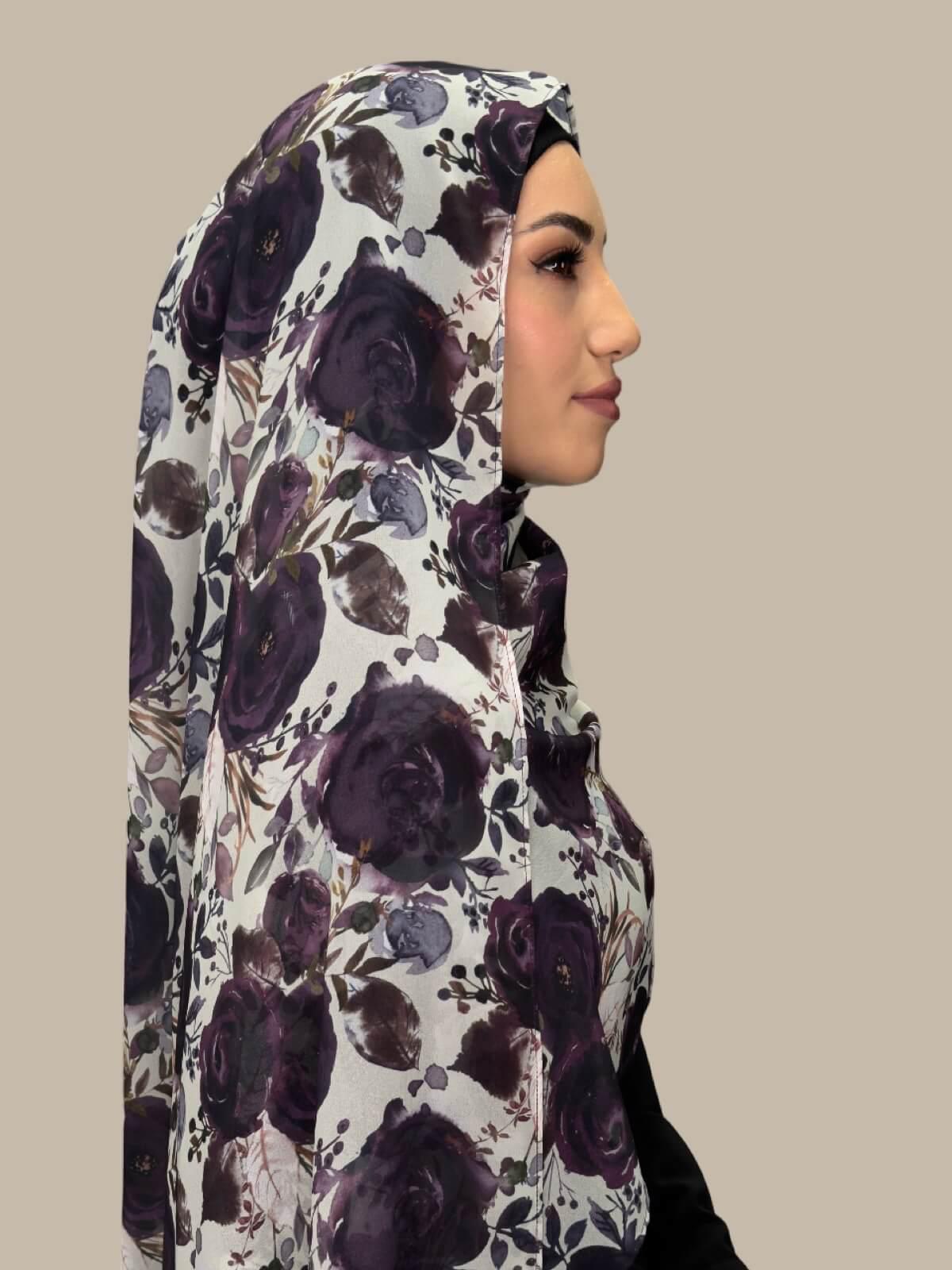 Elegant Printed Chiffon Hijab Scarf - Plum Orchid Floral Design for Muslim Women - Perfect for Daily Wear, Prayer & Special Occasions