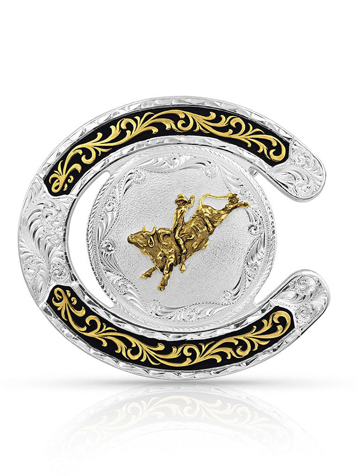 Montana Silversmiths 61375 631 Two-Tone Horseshoe Bull Rider Belt Buckle - Western Rodeo Style for Cowboy Fashion & Bull Riding Events