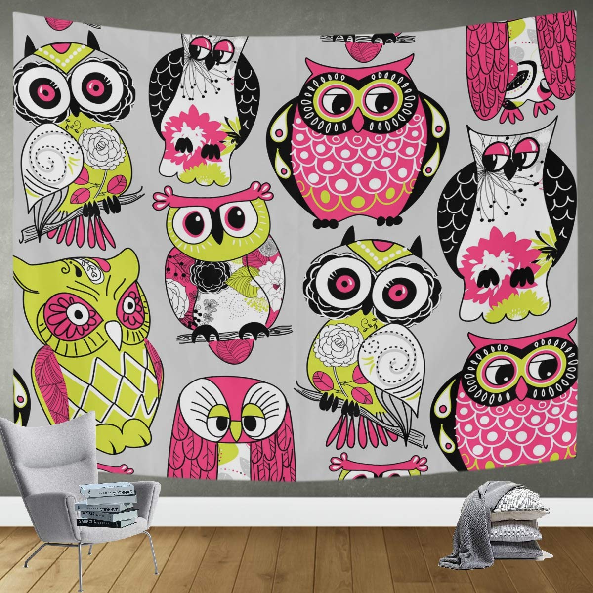 DOMIKING Colorful Cute Owls Tapestry Wall Hanging - 90x60in Funny Animal Print Home Decor for Living Room, Bedroom & Dorm | Perfect for Boho Style Room, Teen Girls Bedding & College Dormitory Aesthetic