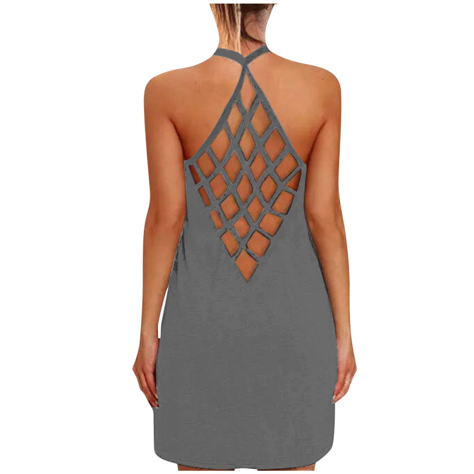 Women's Summer Dresses - Sleeveless Halter Neck Bandage Mini Dress, Casual Boho Beach Party Dress, Sexy Gray Sun Dress for Women | Perfect for Vacation, Poolside & Date Nights