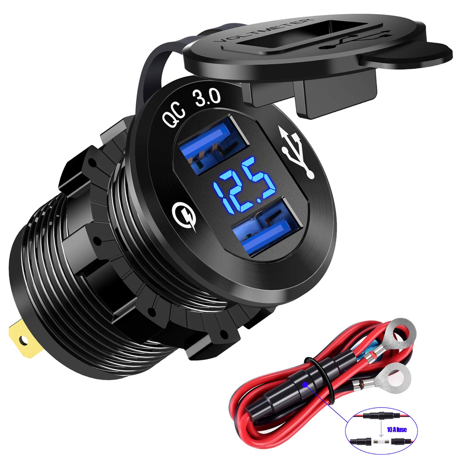 YONHAN 12V USB Outlet Quick Charge 3.0 Dual Port Car Charger with LED Voltmeter - Waterproof Aluminum USB Cigarette Lighter Socket Adapter for DIY Installation in Cars, Trucks, Marine, Golf Carts & RVs | Perfect for Road Trips, Camping & Outdoor Adventures