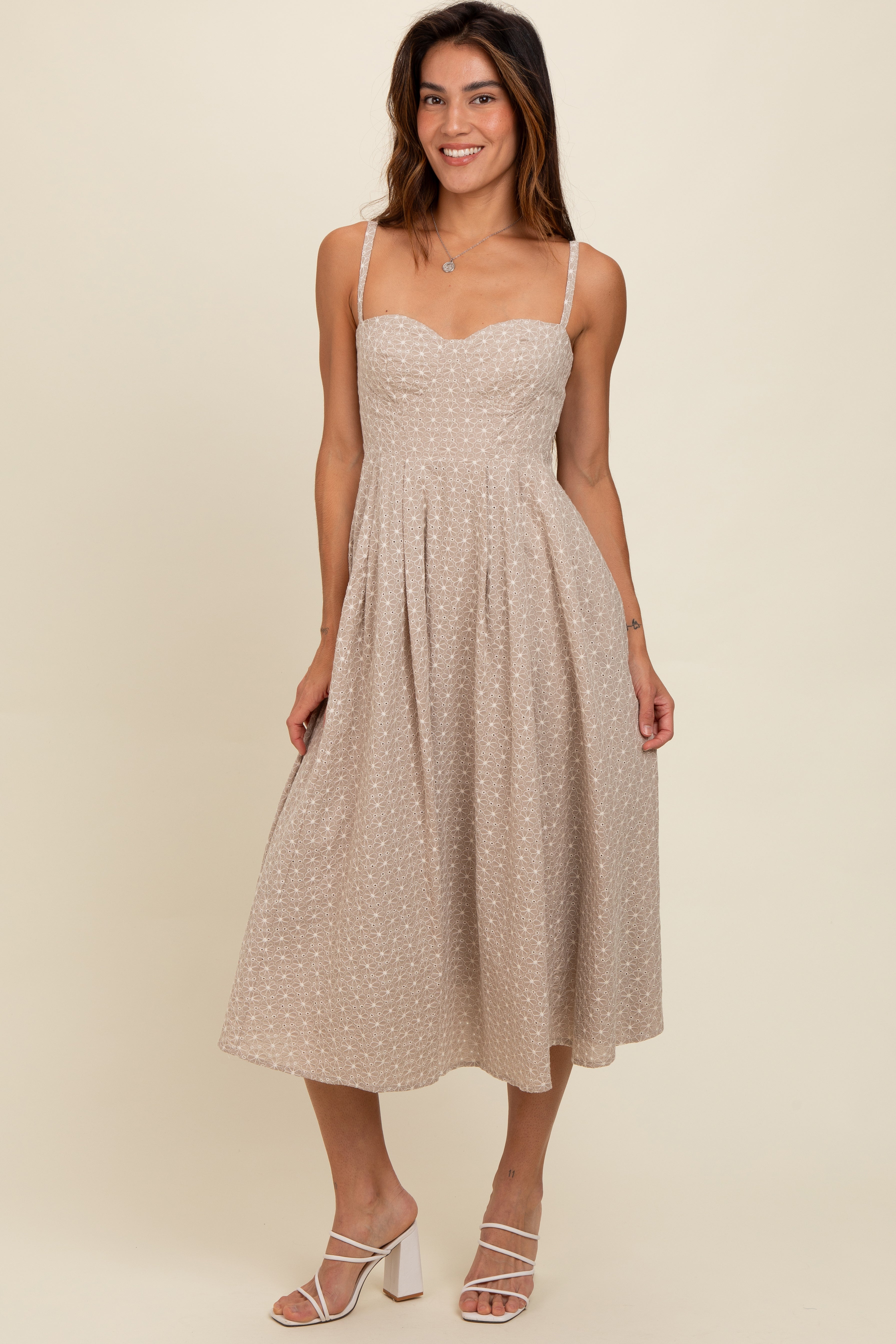 Beige Floral Embroidered Maxi Dress for Women - Elegant Boho Summer Beach Dress with V-Neck & Long Sleeves | Perfect for Vacations, Weddings & Outdoor Parties