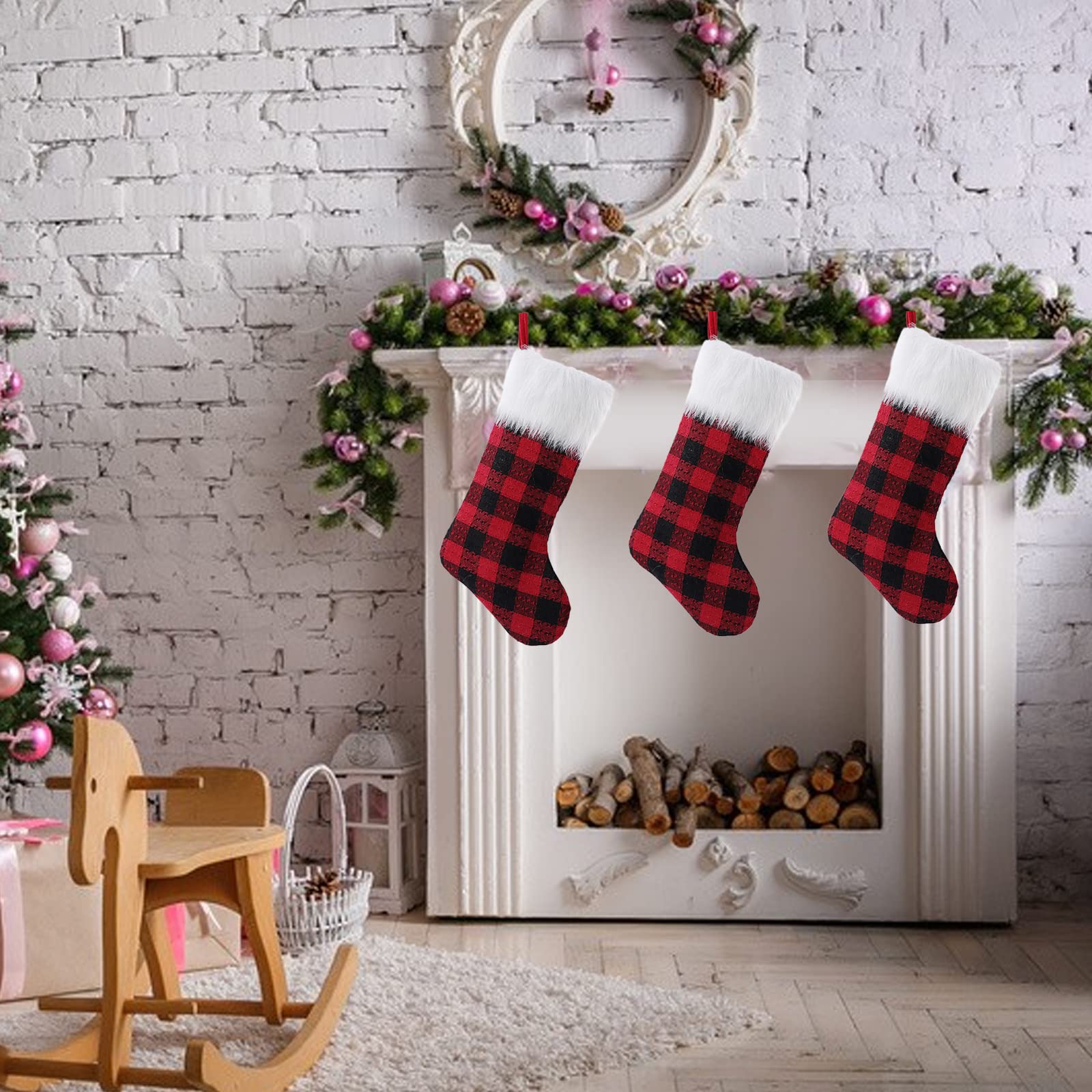 DNIEBW 3 Pack 18 Inch Christmas Stockings - Red Black Buffalo Plaid Holiday Stockings for Fireplace, Xmas Tree & Mantel Decor - Perfect for Family Christmas Party, Home Decoration & Gift Exchange