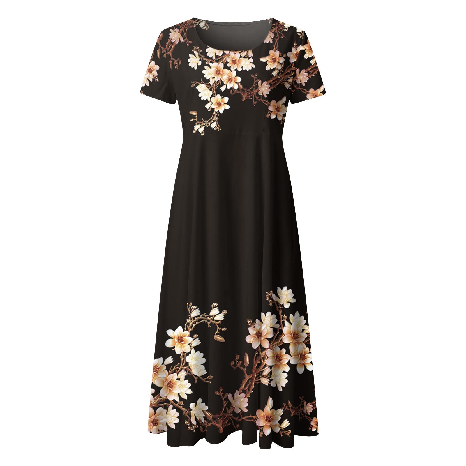 Boho Square Neck Floral Print A-Line Midi Sundress - Short Sleeve Loose Spring Summer Dress for Women | Beach Vacation, Garden Party, Casual Outing