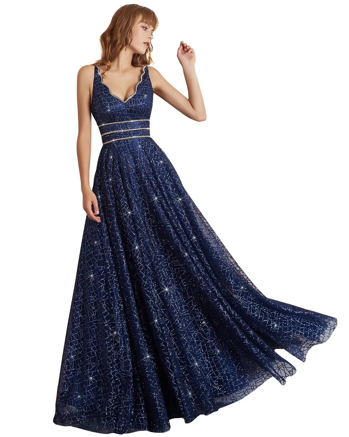 AiniDress Women's V-Neck Tulle Prom Dress with Crystal Embellishments - Elegant Evening Gown for Formal Dances, Galas & Special Occasions