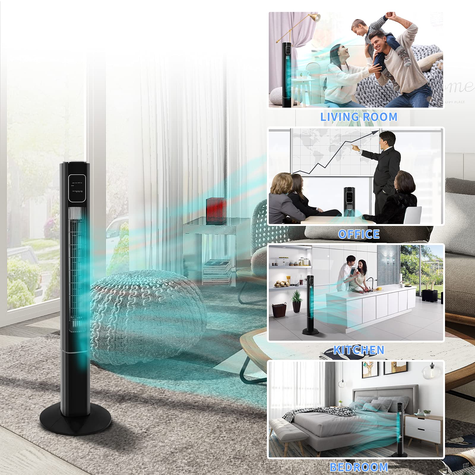 Antarctic Star Bladeless Tower Fan - 3 Speed Quiet Oscillating Standing Fan with Remote Control, Powerful Cooling for Bedroom, Office & Kitchen | Portable Floor Fan for Kids & Adults | Black (Ideal for Home, Office, Dorm & Summer Use)