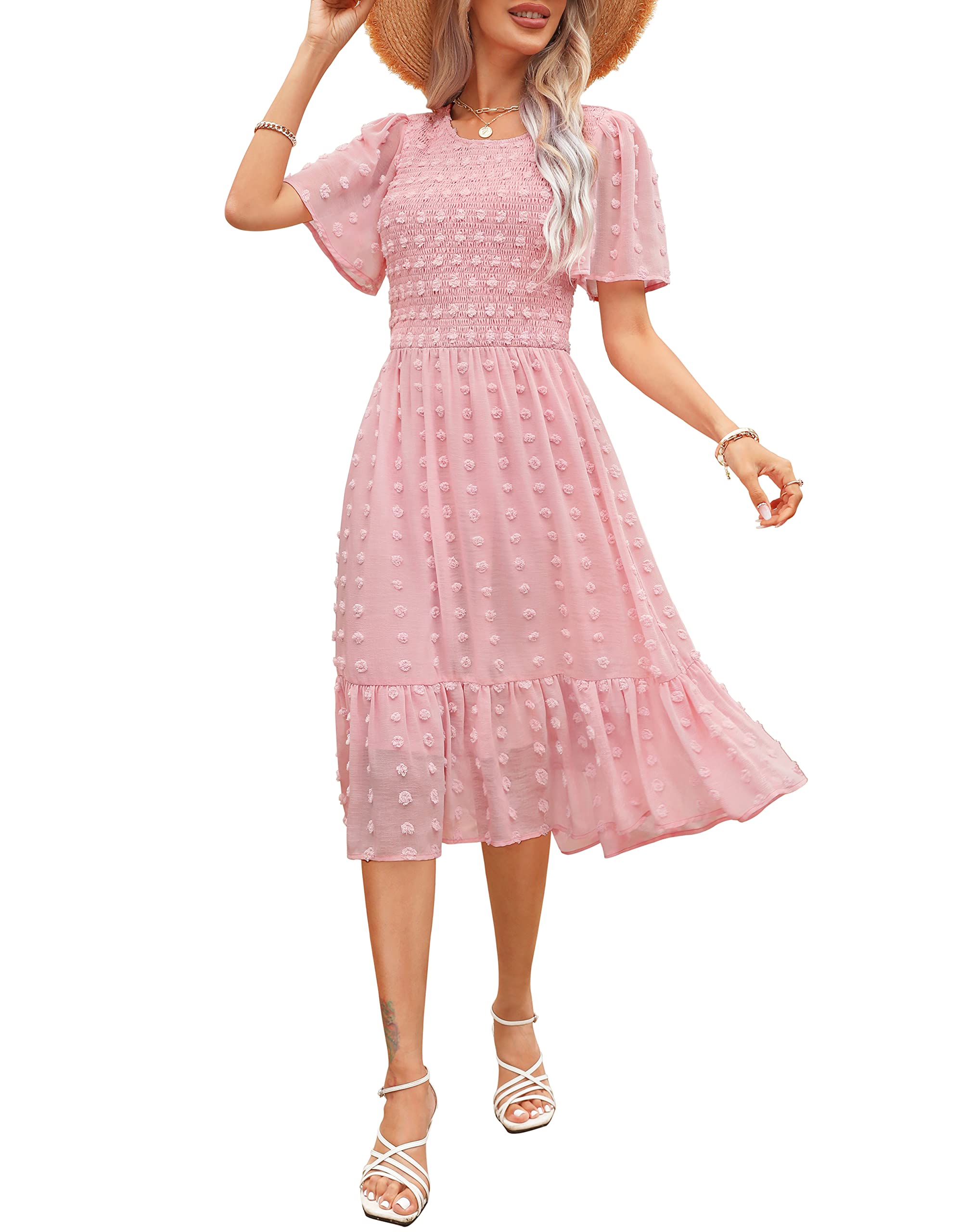 Annebouti Women's 2025 Summer Spring Wedding Guest Dress - Short Sleeve Casual Flowy Swiss Dot Smocked Midi Dress for Bridal Shower, Garden Party & Cocktail Events
