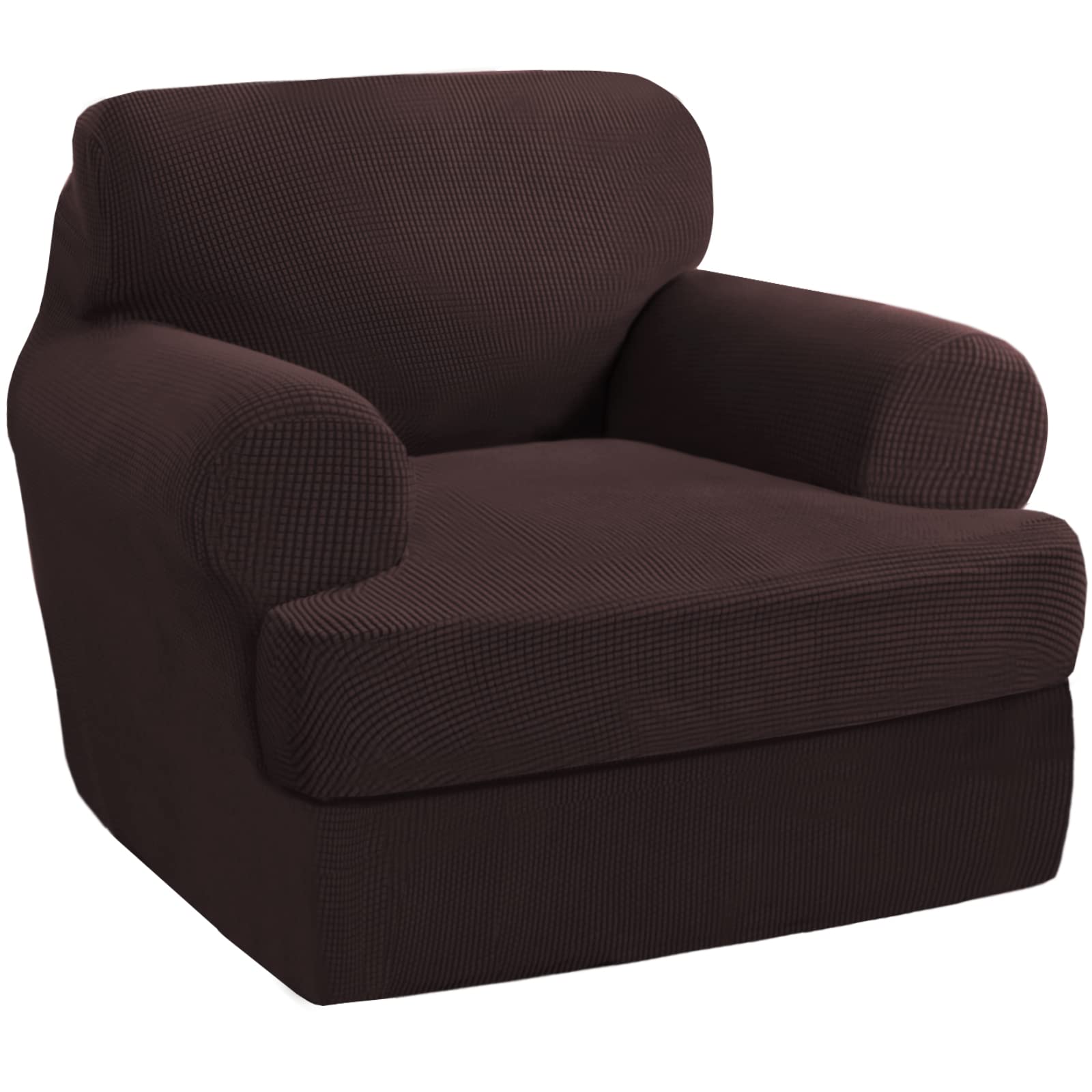 PrinceDeco 2-Piece Stretch Armchair Slipcover Set with T-Cushion Cover - Soft Furniture Protector for Living Room, Sofa & Lounge Chairs - Machine Washable Brown Fabric - Perfect for Home Decor & Pet Protection