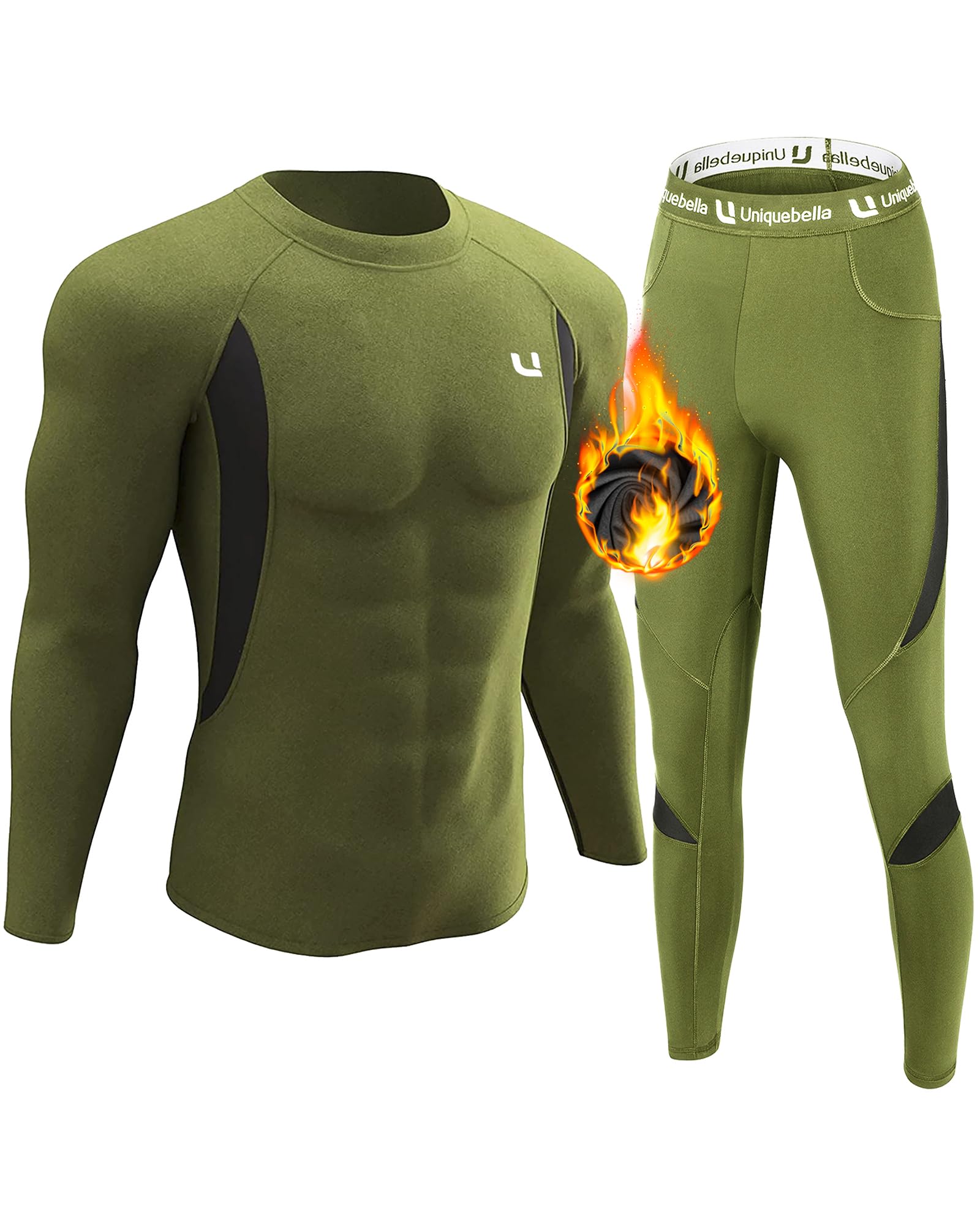 UNIQUEBELLA Men's Thermal Underwear Set - Fleece Lined Top & Bottom Base Layer for Cold Weather, Quick Dry Moisture Wicking Winter Underwear for Outdoor Activities, Skiing & Snowboarding