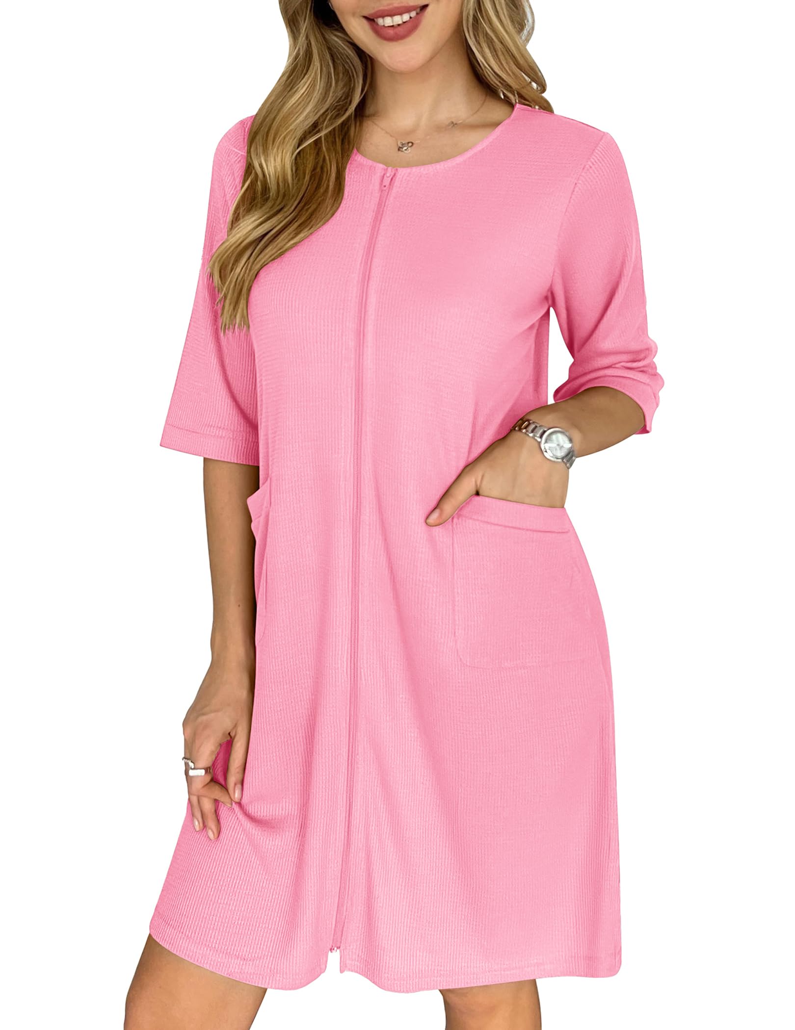Ekouaer Women's Lightweight Zip Up Waffle Bathrobe - Short Knee Length Housecoat with Pockets, Nightgown, Sizes S-3XL - Perfect for Spa, Lounge, and Home Relaxation