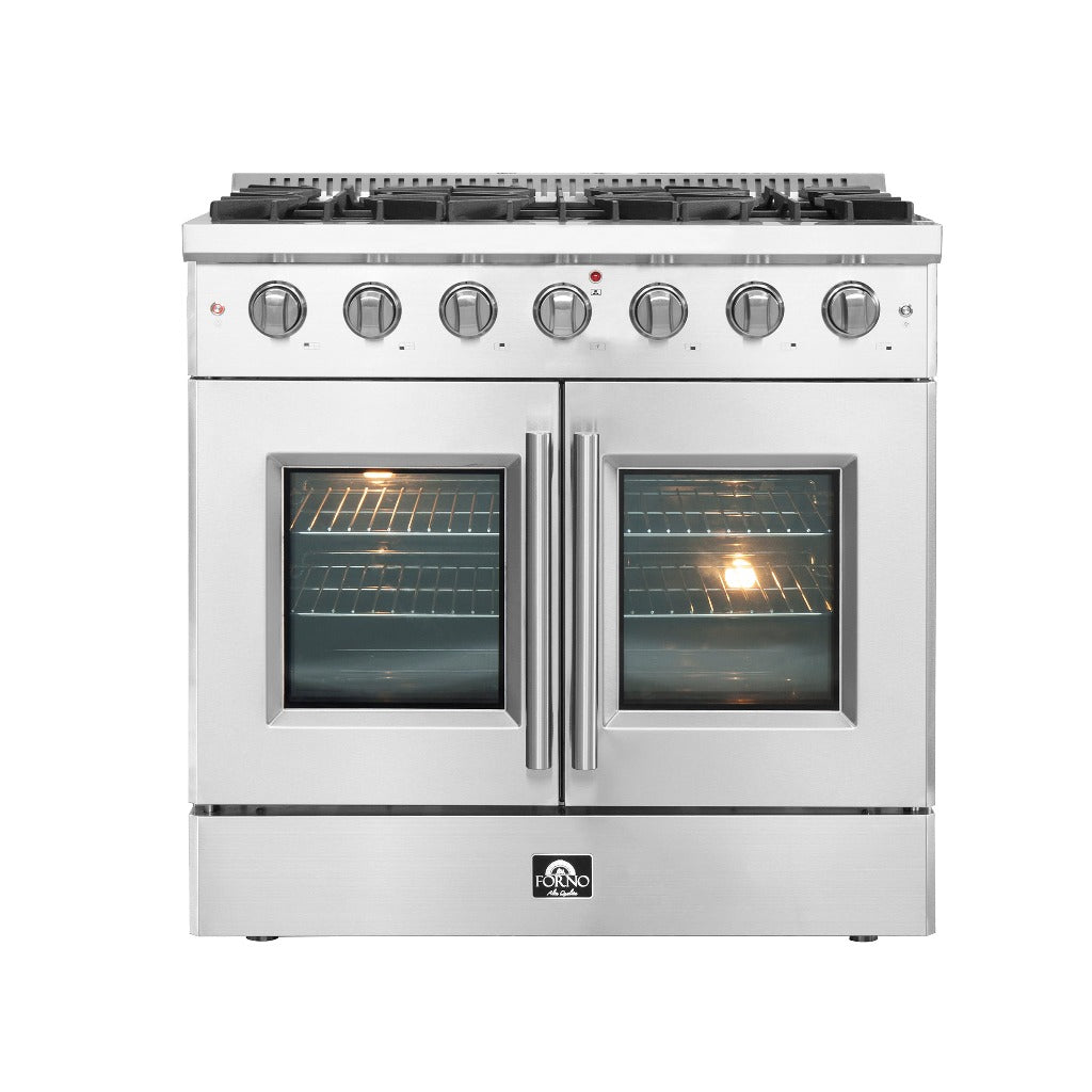 Forno Galiano 36-inch 5.36 cu. ft. Stainless Steel Freestanding All Gas Range with French Doors (Model FFSGS6444 36) - Perfect for Modern Kitchens, Home Chefs & Entertaining
