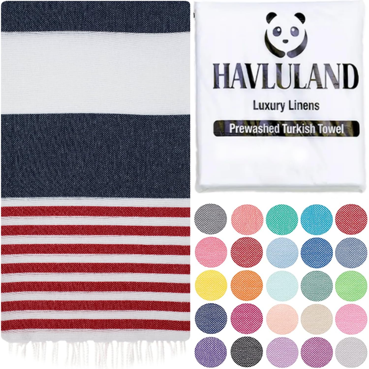 HAVLULAND 100% Cotton Oversized Turkish Beach Towel 71x39 Inches - Sand Free, Lightweight, Quick-Dry Bath Towel for Beach, Pool, Camping & Outdoor Use (Navy/Red) - Perfect for Vacation, Picnic and Yoga