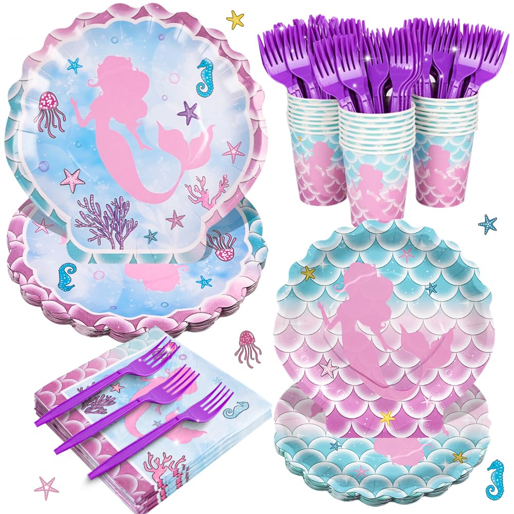 120-Piece Mermaid Party Supplies Set - Ocean Themed Birthday Plates, Napkins, Cups & Tableware for Girls | Baby Shower & Mermaid Birthday Party Decor | Serves 24 Guests | Perfect for Underwater-Themed Celebrations, Pool Parties & Kids' Events