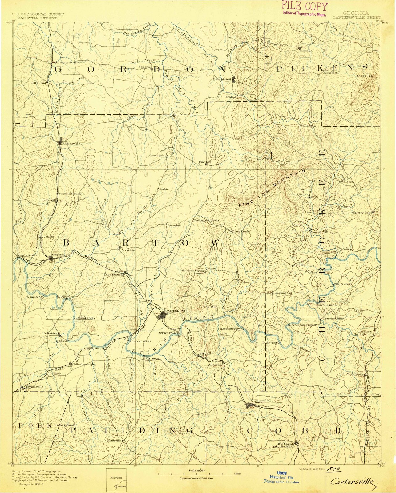 1891 Cartersville GA Historical Topographic Map - USGS Vintage Wall Art - 44x55 Inch Large Framed Map for Home & Office Decor