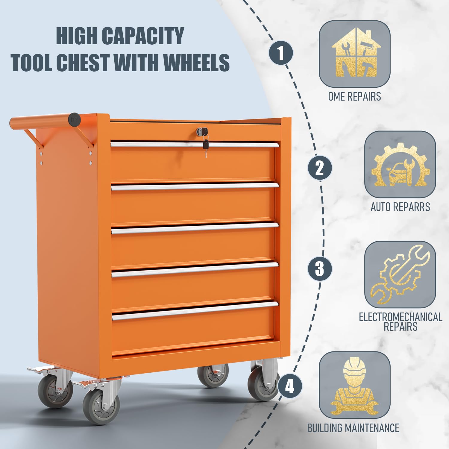 5-Drawer Rolling Tool Chest - Heavy Duty Metal Tool Storage Organizer Cart with Locking System & 4 Swivel Wheels | Multifunctional Mechanic Tool Cart for Garage, Workshop, Auto Repair | Durable Orange Tool Chest for Professional Mechanics & DIY Enthusiasts | Perfect for Organizing Wrenches, Screwdrivers & Power Tools