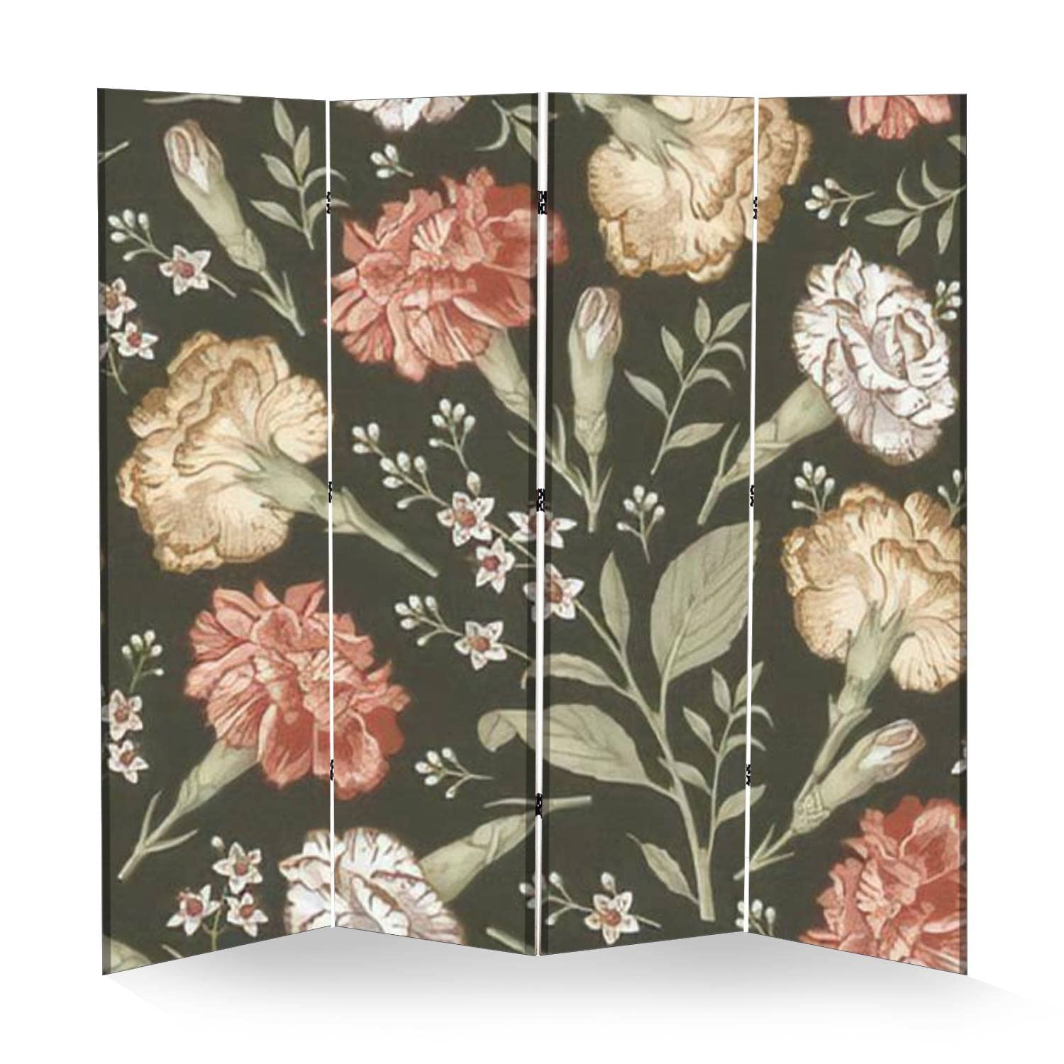 Vintage Wood Room Divider with Realistic Flower Fabric - 4 Panel Folding Privacy Screen for Home & Office - Dual-Sided Canvas Partition for Bedroom, Living Room, and Indoor Spaces
