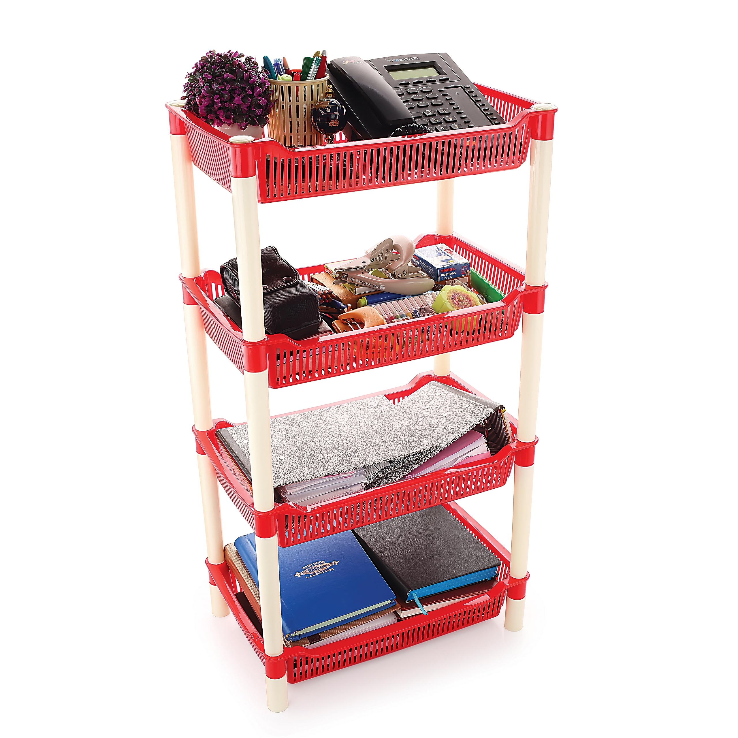 MOLTRES Bolero 4-Tier Multi-Purpose Storage Rack for Office Kitchen Bathroom - 45x28x107cm Free Standing Organizer Shelf (Red) | Space Saving Solution for Small Rooms & Clutter Organization