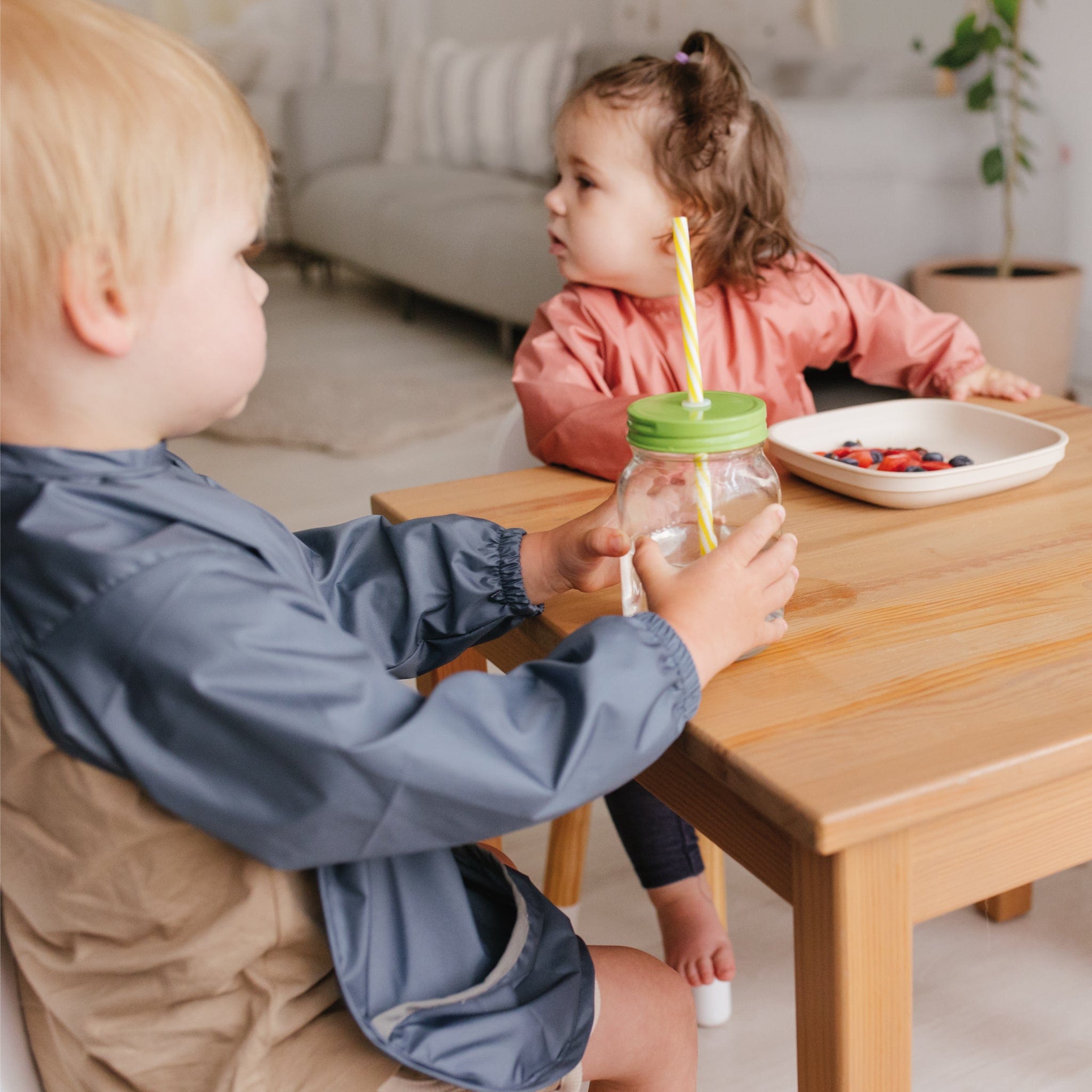 Dark Blue Baby Bib with Sleeves - Waterproof & Adjustable for Messy Eating, Feeding Time & Toddler Meals