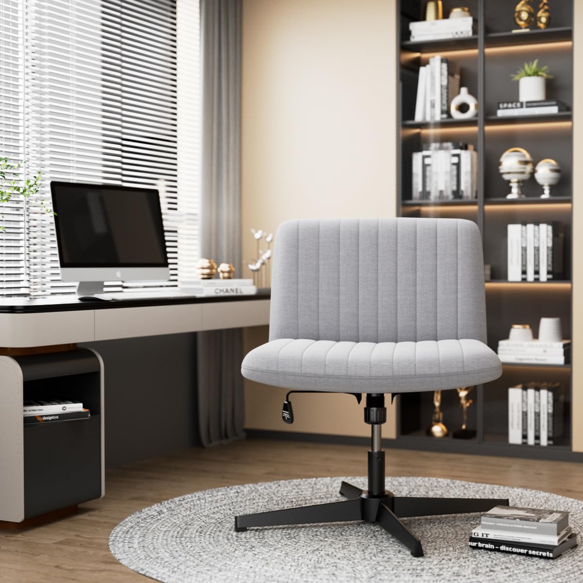 REONEY Cross Legged Office Chair - Armless Wide Desk Chair with 360° Swivel & Adjustable Height, Modern Padded Fabric Mid Back Chair for Home Office, Bedroom, Makeup Vanity (Grey) - Perfect for Small Spaces & Compact Workstations