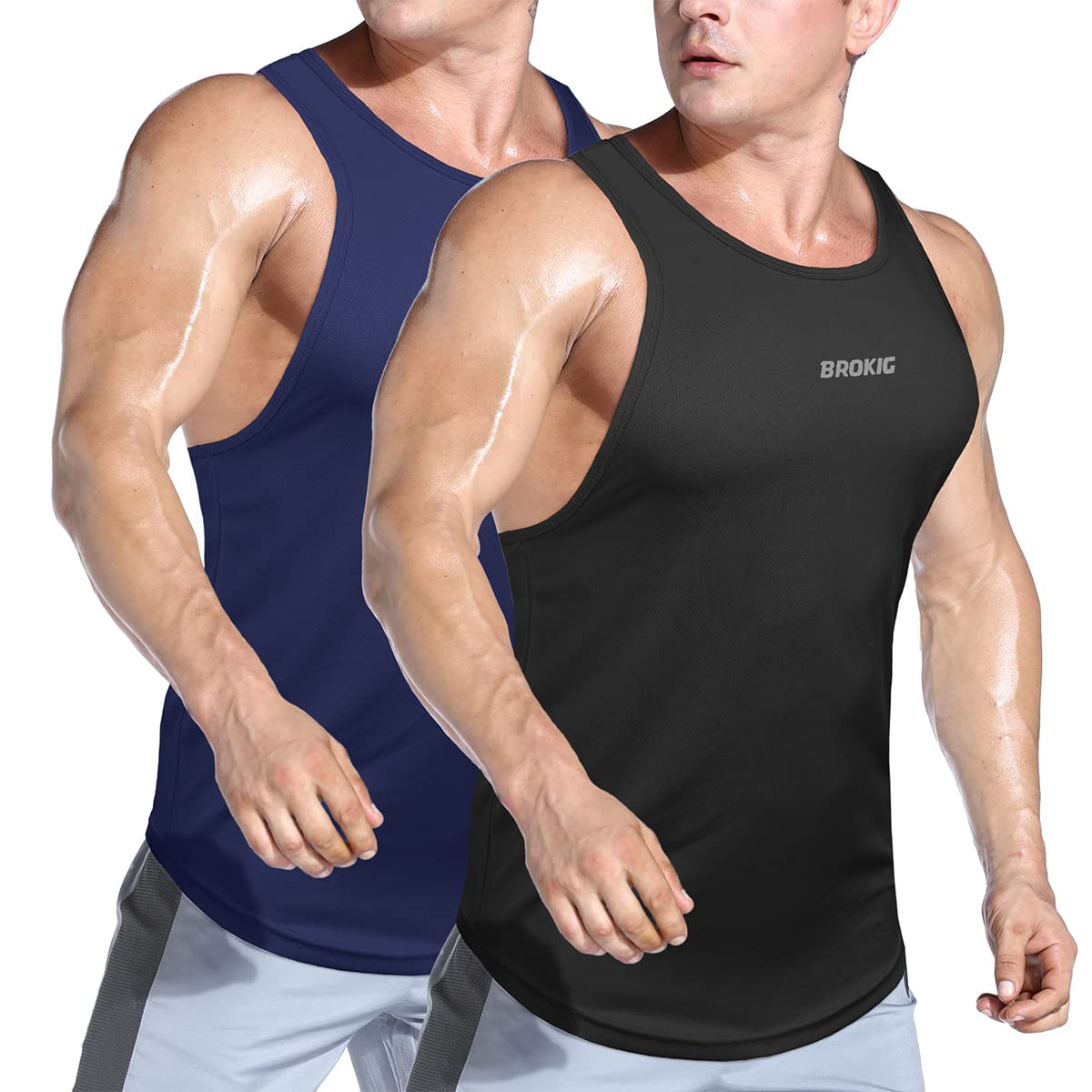 BROKIG Men's 2 Pack Lightweight Stringer Tank Tops - Quick Dry Workout Shirts for Bodybuilding & Gym - Y Back Muscle Tank for Men - Perfect for Weightlifting, Running & Summer Fitness