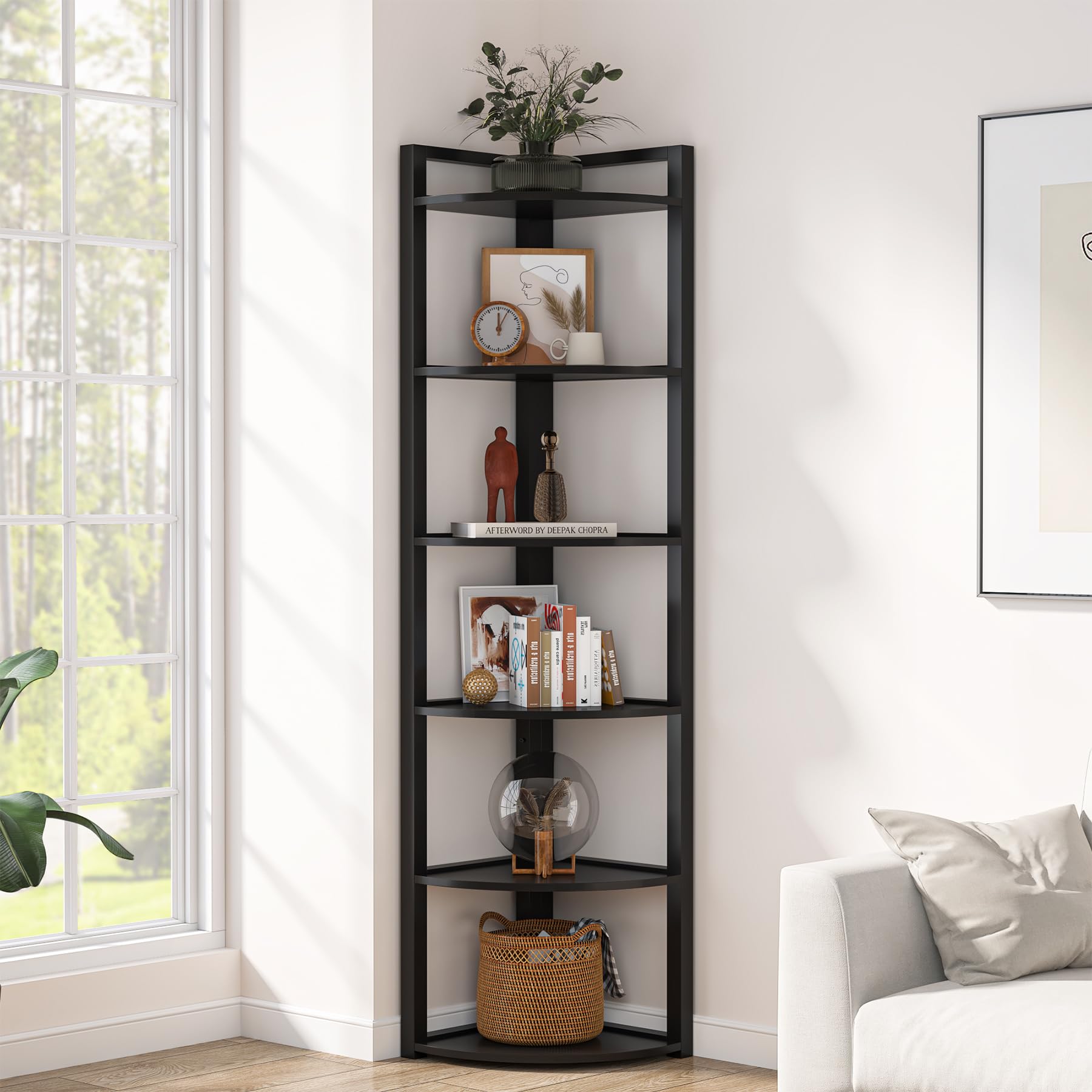 TRIBESIGNS WAY TO ORIGIN 70.9 Inch Tall 6-Tier Corner Bookshelf - Modern Ladder Shelf with Sturdy Metal Frame - Multifunctional Storage Solution for Living Room, Home Office, Kitchen - Perfect for Small Spaces & Home Organization (Black)