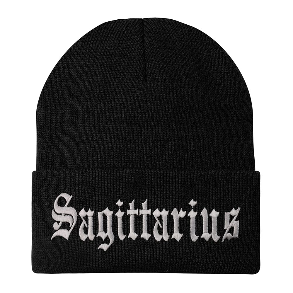 Trendy Sagittarius Zodiac Beanie - Old English Embroidered Long Cuff Winter Hat for Men & Women | Perfect for Cold Weather, Outdoor Activities & Christmas Gifts
