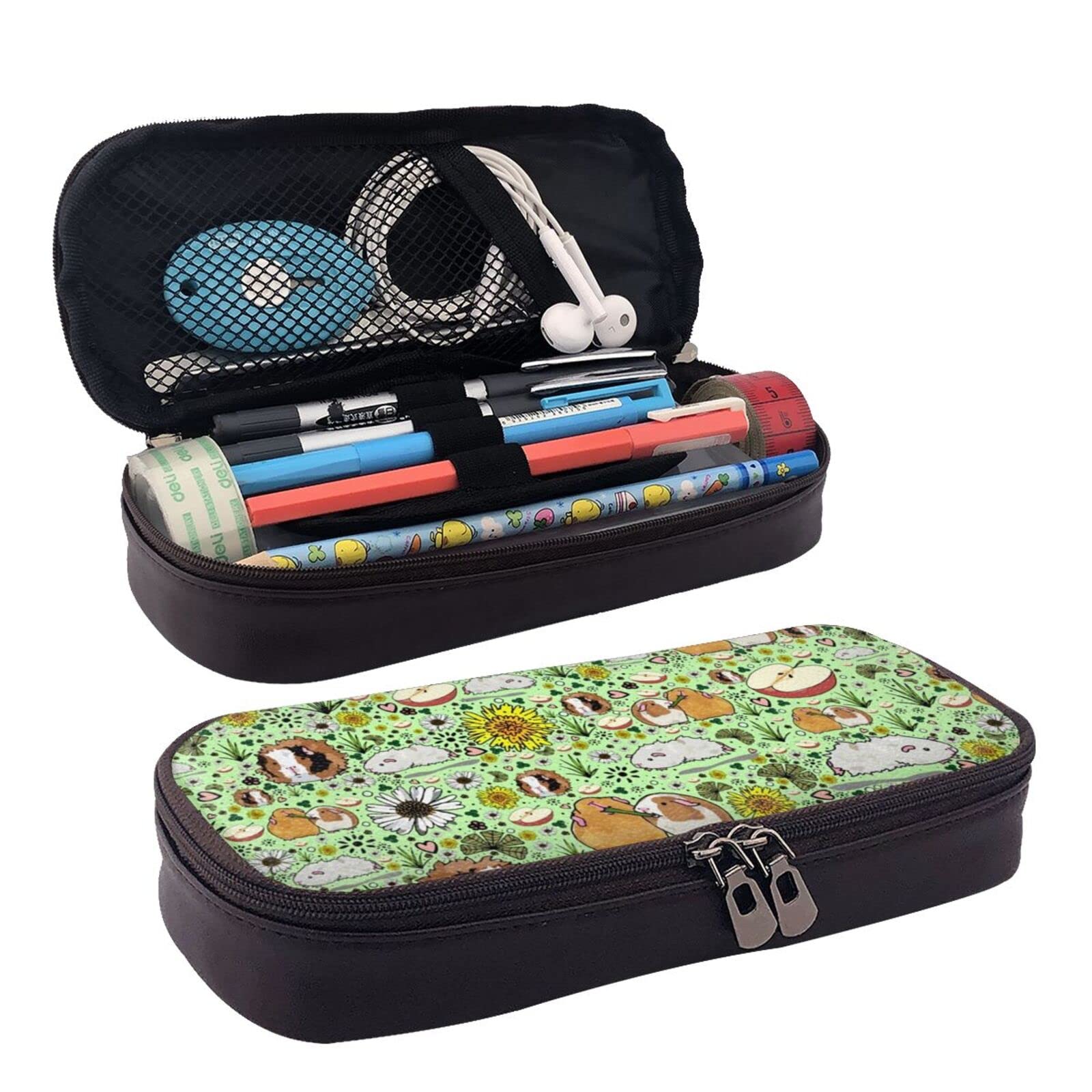 Large Capacity PU Leather Pencil Case with Guinea Pigs & Flowers Design - School Supplies Organizer for Pens, Markers, Stationery - Perfect for Middle School, High School, College & Office Use - Great Back to School Gift Idea