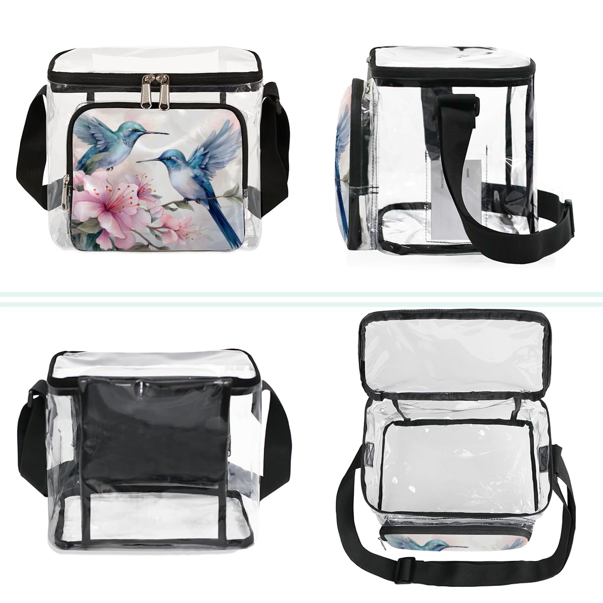 GzLeyigou Hummingbird Floral Clear Tote Bag with Handles - Transparent Crossbody Shoulder Bag for Lunch, Outdoor, Travel, Picnic, Concerts & Sports Events - Stadium Approved Multipurpose Purse for Women & Girls - Perfect for Beach, Shopping, Music Festivals and Daily Use