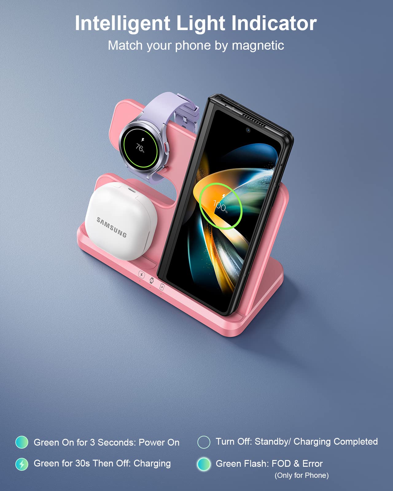 3-in-1 Fast Wireless Charging Station for Samsung Galaxy Z Flip 5/4/3, Z Fold, S23 Ultra/S22/S21/S20, Watch 5/4/3 & Buds - Pink | Multi-Device Charger Stand for Android Phones | Perfect for Home, Office & Nightstand Charging