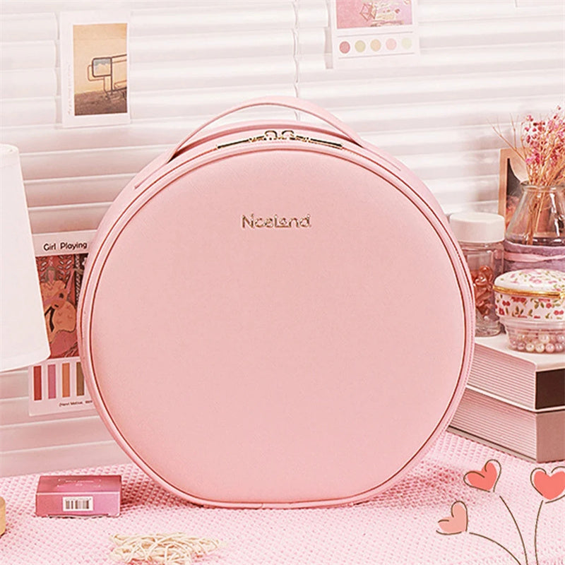 Round Smart LED Makeup Bag with Mirror Lights - Large Capacity PU Leather Cosmetic Case for Women | Travel Organizer & Beauty Storage | Perfect for Travel, Home Vanity & On-the-Go Touchups