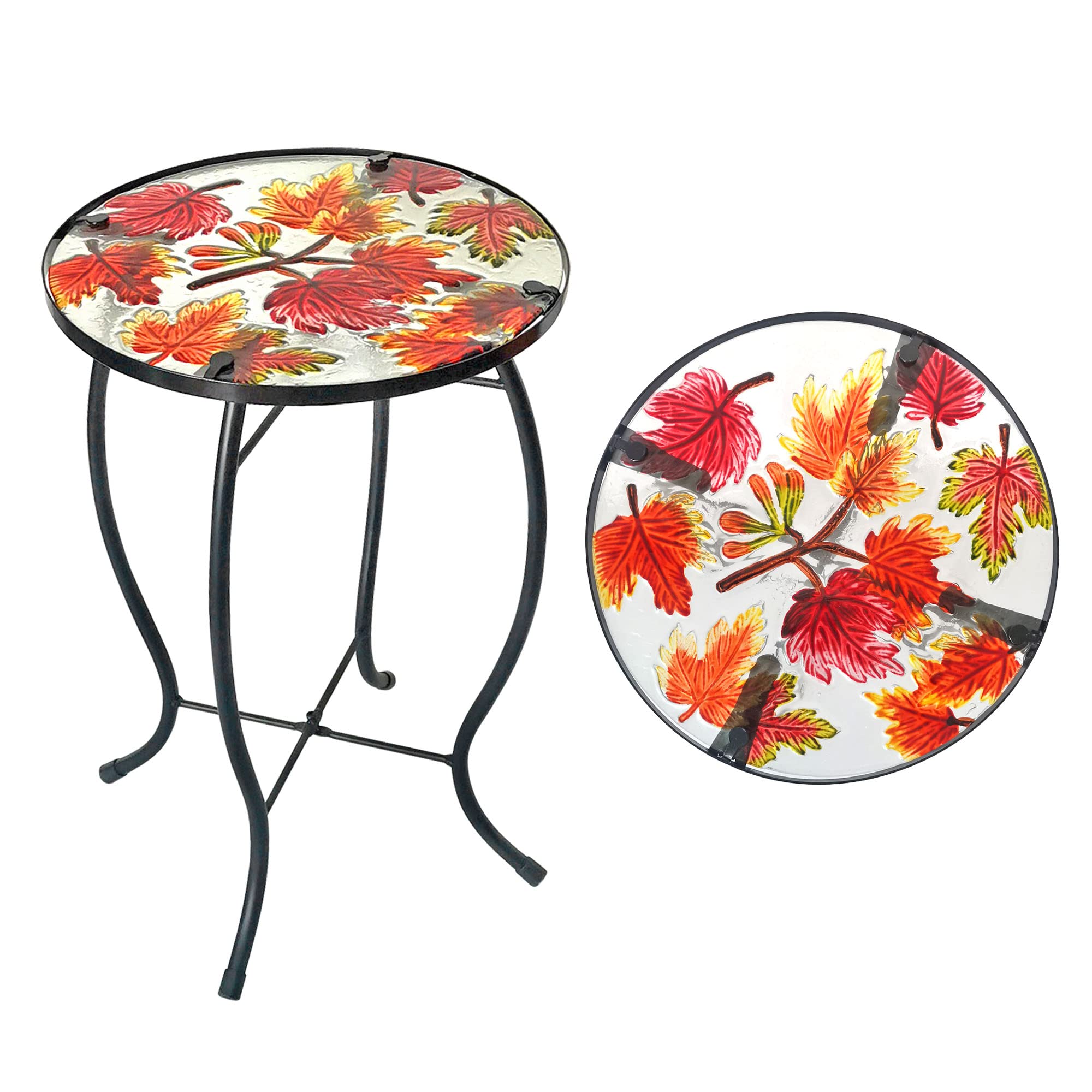 Round Glass Top Maple Leaf Printed Side Table - Outdoor Bistro Coffee Table for Deck, Garden, Patio & Porch | Indoor/Outdoor Decor & Plant Stand for Kitchen, Living Room & Balcony