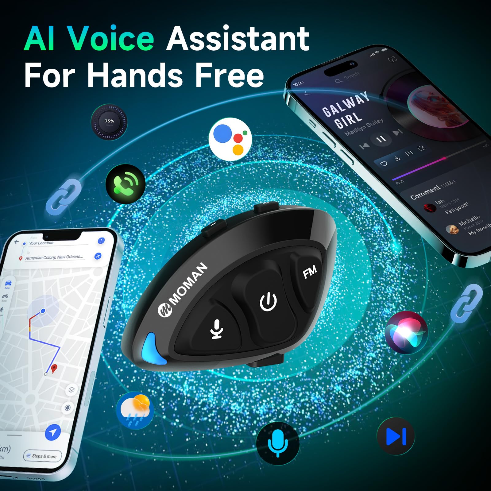 Moman Motorcycle Helmet Headset - RS-S Motorbike Bluetooth Headset with HiFi Stereo, FM Radio, AI Voice, Hands-Free Call, IPX6 Waterproof & Noise Cancellation - Perfect for Solo Riders on Long Trips & Commuting