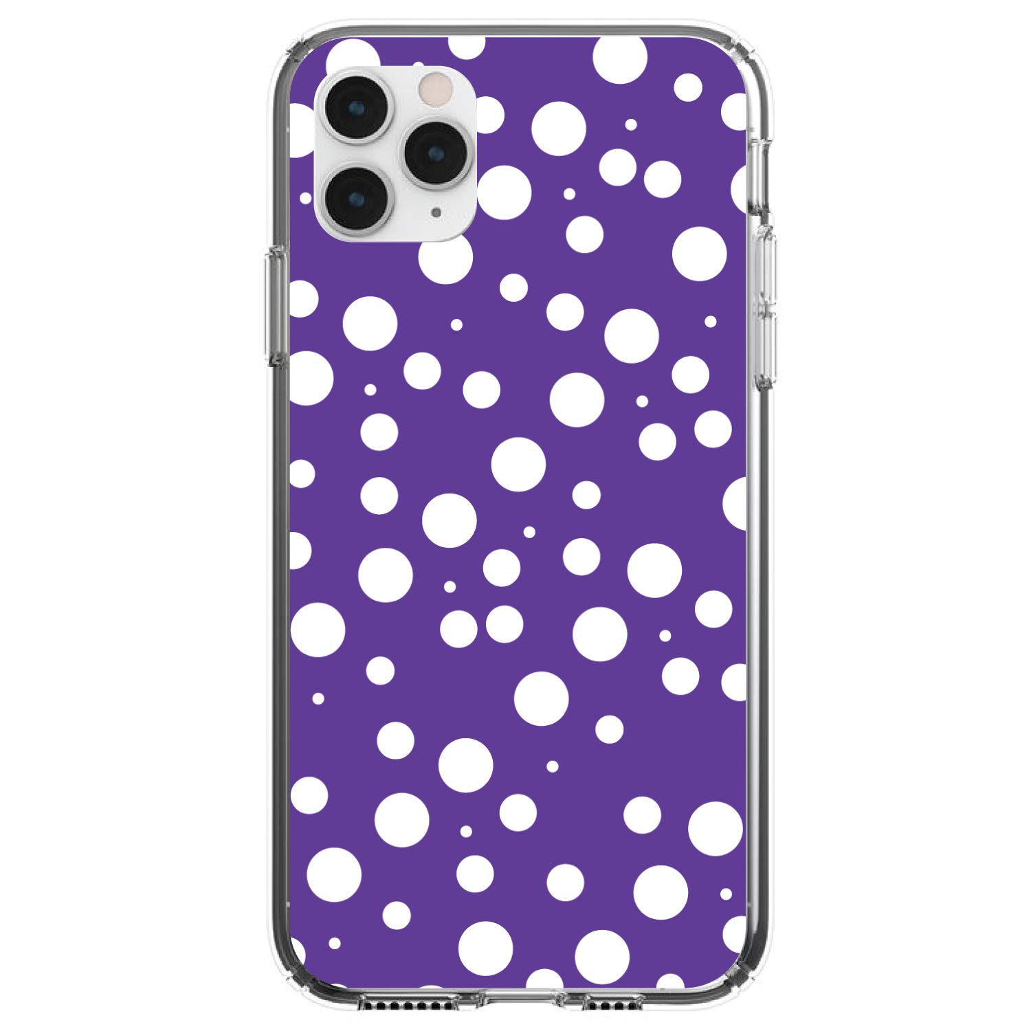 DistinctInk Clear Shockproof Hybrid Case for iPhone 11 Pro Max (6.5 Inch) - Durable TPU Bumper & Acrylic Back with Tempered Glass Screen Protector - Purple White Polka Dot Design - Perfect for Everyday Protection & Style