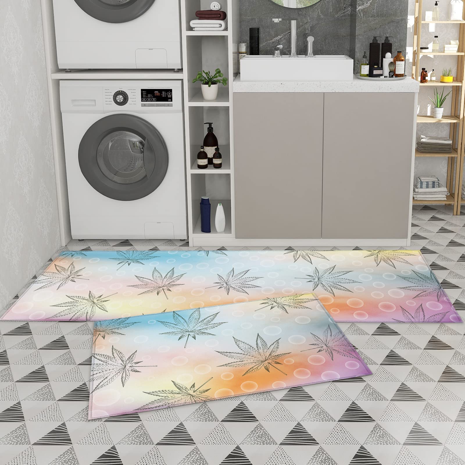 Premium Anti-Fatigue Kitchen Floor Mats - 2pc Set with Artistic Cannabis Leaf Design, Non-Slip Kitchen Rugs for Comfort & Safety | Perfect for Cooking, Baking & Standing Long Hours in Modern Kitchens