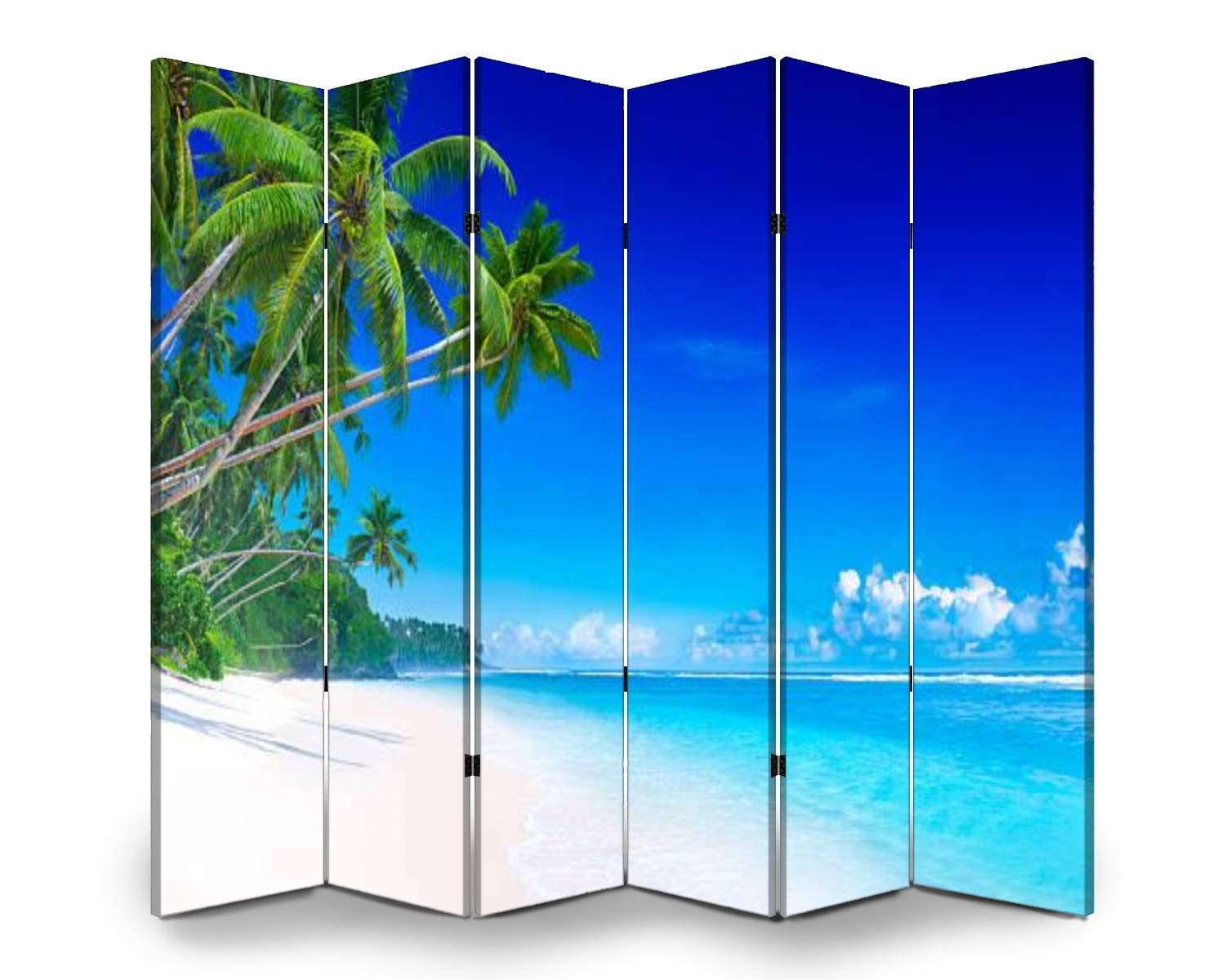 6-Panel Wooden Room Divider - Tropical Beach Themed Folding Privacy Screen with Palm Tree Canvas, Dual-Sided Indoor Partition Wall for Home & Office Decor | Perfect for Living Rooms, Bedrooms, and Beach House Interiors