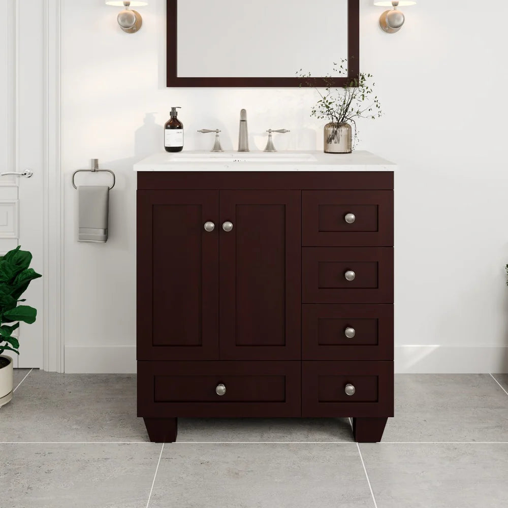 Eviva Acclaim 30 Inch Bathroom Vanity with Carrara Quartz Countertop - Modern White Bathroom Sink Cabinet for Small Spaces, Perfect for Powder Rooms and Guest Bathrooms