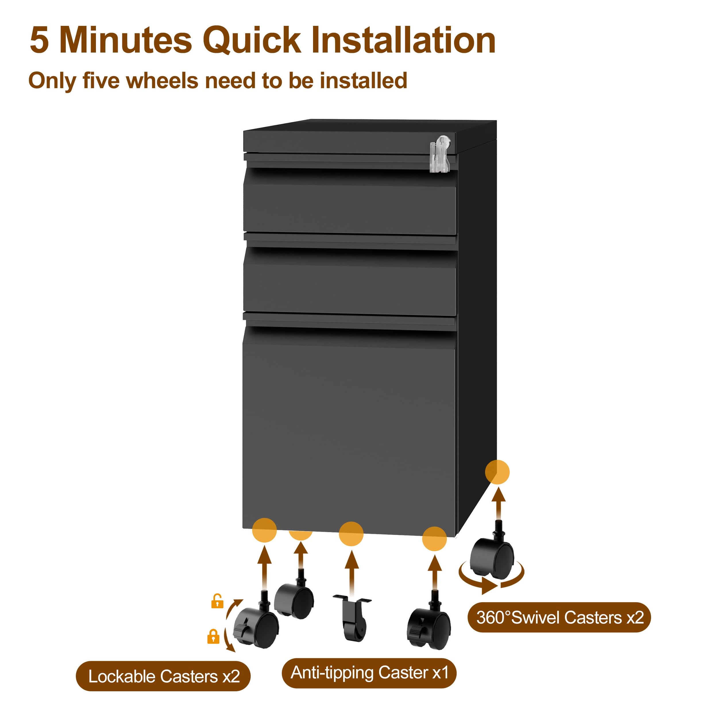 3-Drawer Slim Metal File Cabinet with Lock - Mobile Office Storage for A4, Letter & Legal Folders - Fully Assembled Black Filing Cabinet for Home & Office Organization