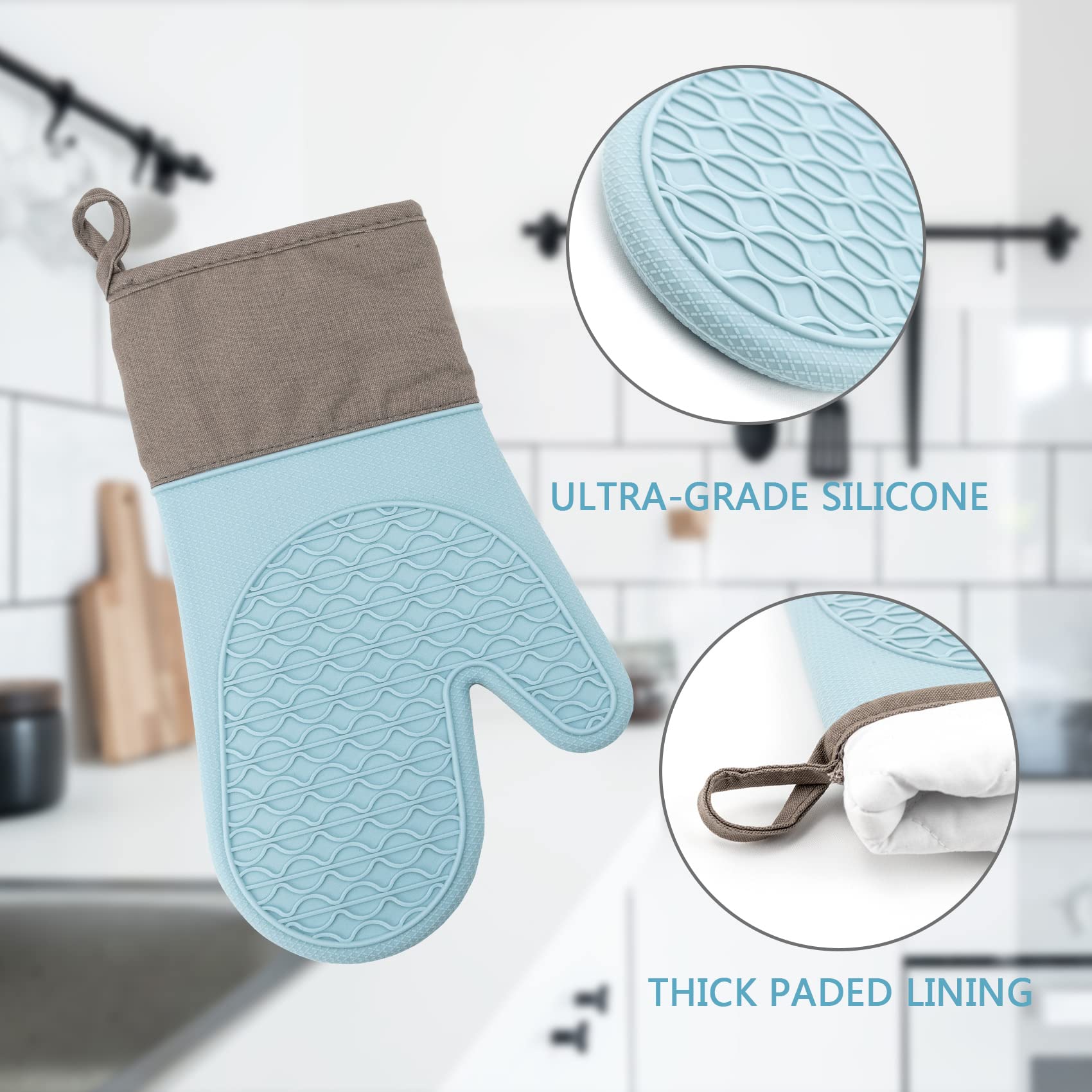 Heat Resistant Silicone Oven Mitts Set - 2-Piece Non-Slip Kitchen Gloves with Soft Quilted Cotton Lining for Cooking, Baking, Grilling & BBQ - Easy Clean Pot Holders for Hot Pans & Baking Trays (Blue)