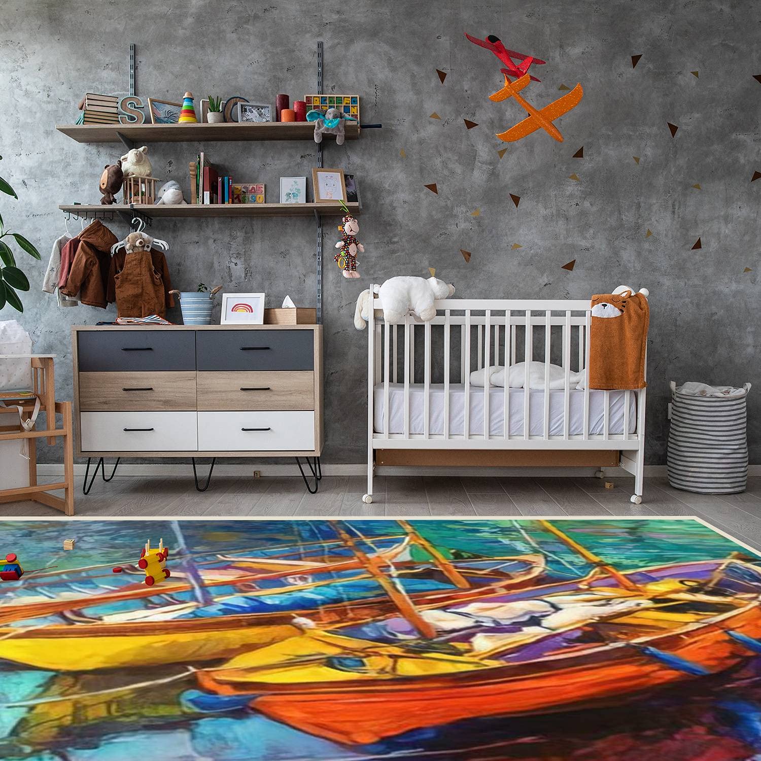 Modern Abstract Area Rugs - Stain Resistant Carpet Mat Pad for Living Room, Kitchen, Bedroom & Bathroom - Original Oil Painting Inspired Canvas Design with Boats & Sunset - Rectangular Home Decor for Cozy Spaces & High Traffic Areas