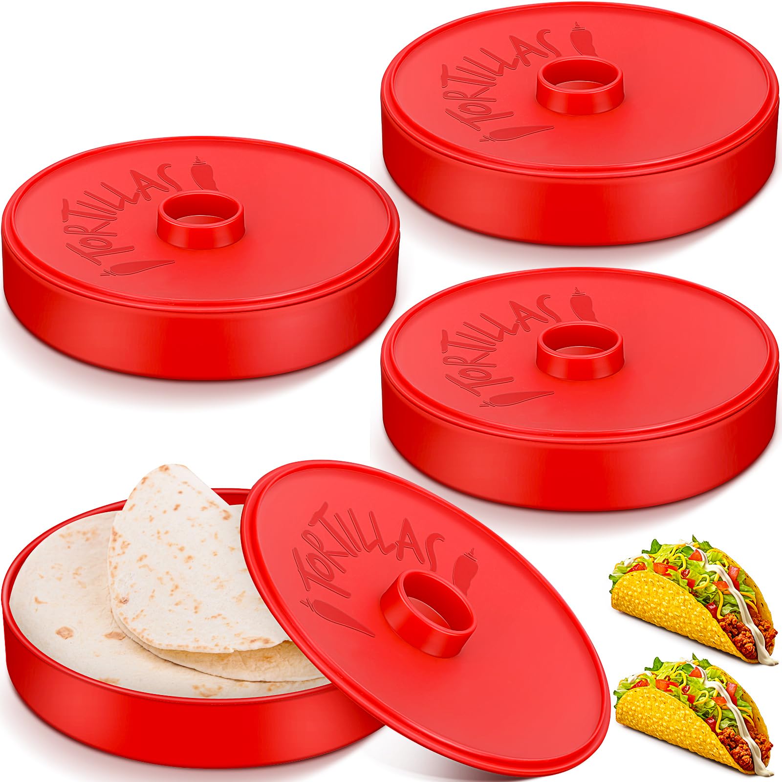 Nuogo 4-Pack 7.2 Inch Tortilla Warmers - Red Microwave & Dishwasher Safe Tortilla Storage Containers with Lids - Large Taco & Pancake Warmer for Keeping Food Warm - Perfect for Taco Nights, Breakfast Buffets & Meal Prep
