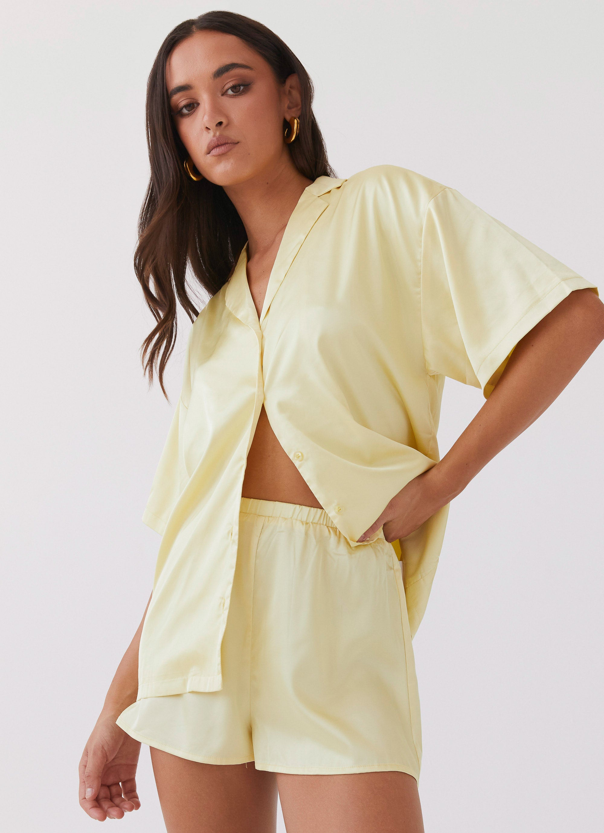 Julia Women's Satin Shorts - Soft High Waist Sleepwear & Lounge Pajama Bottoms - Perfect for Summer Nightwear, Yoga & Home Relaxation (Lemon Yellow)
