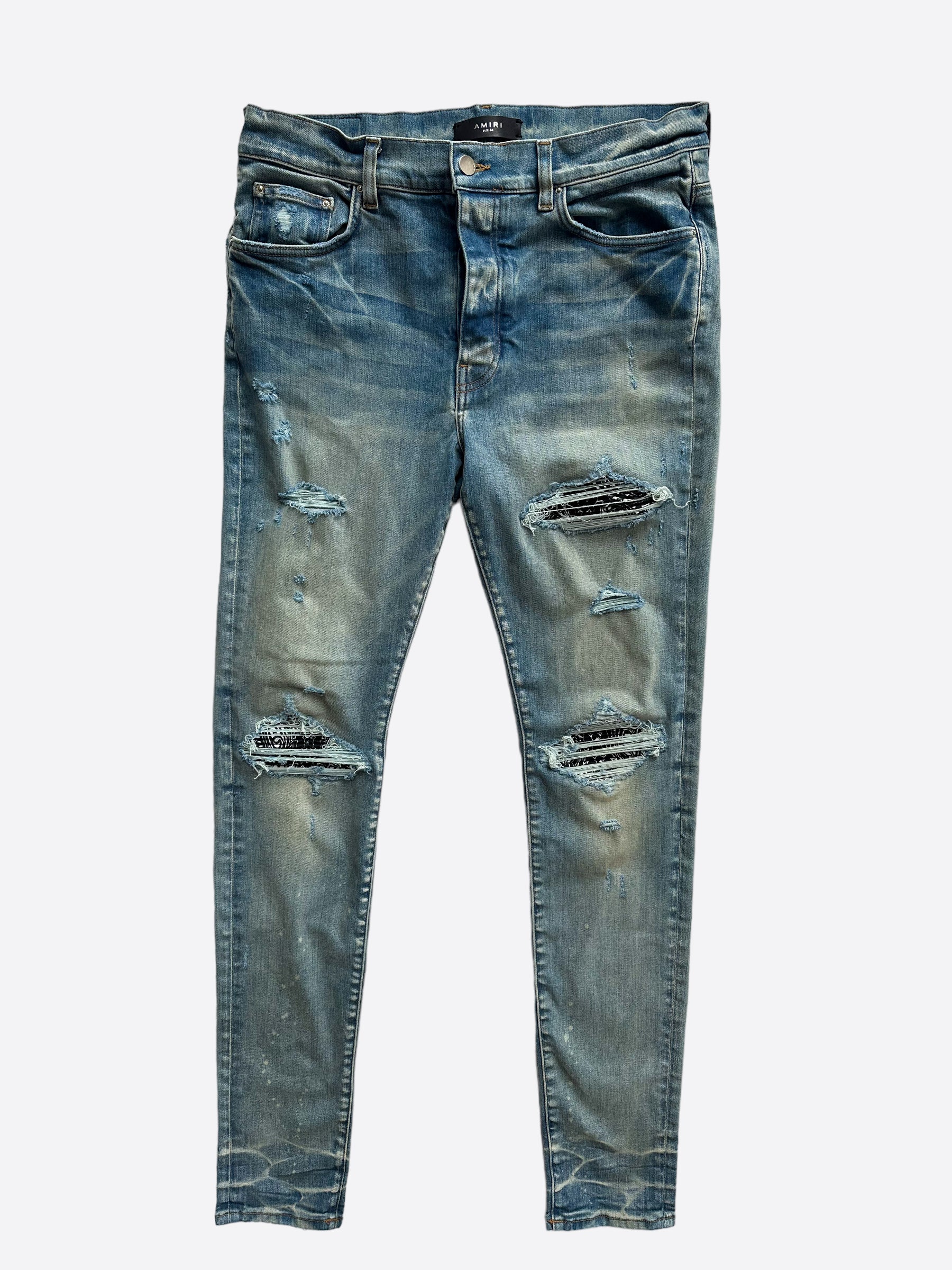 Amiri Blue & Black Bandana Patch MX1 Distressed Denim Jeans for Men - Stylish Ripped Skinny Jeans for Casual Wear & Street Fashion