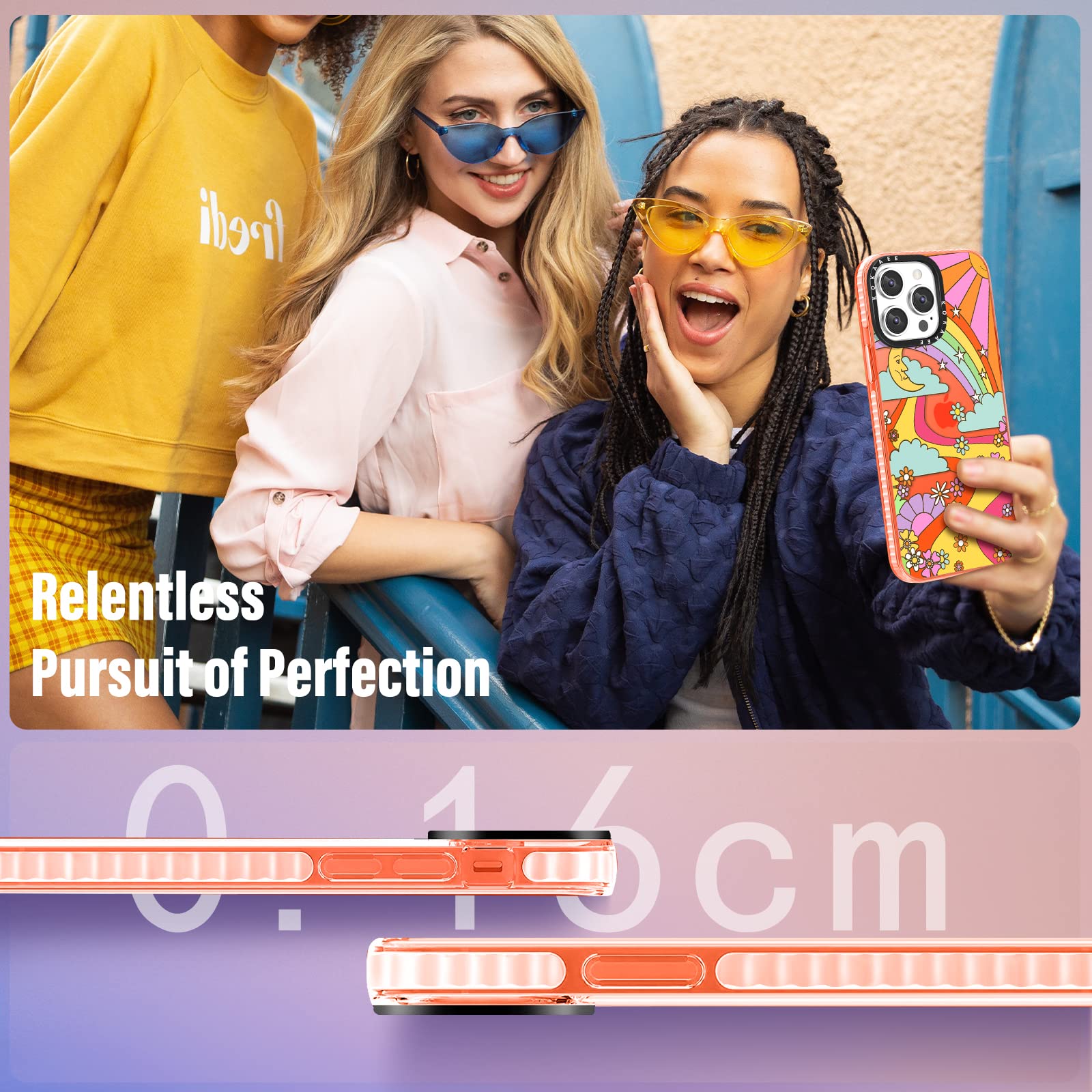 2 in 1 iPhone 14 Pro Case with Ring Holder - Rainbow Girly Cute Retro Floral Design Soft TPU Bumper Cover for Women & Girls (6.1