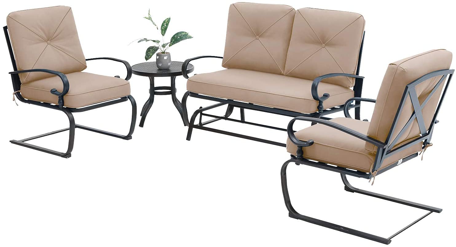 4-Piece Outdoor Wrought Iron Patio Conversation Set with Glider Loveseat, 2 Spring Chairs & Coffee Table - Brown - Perfect for Garden, Backyard, Porch or Poolside Relaxation